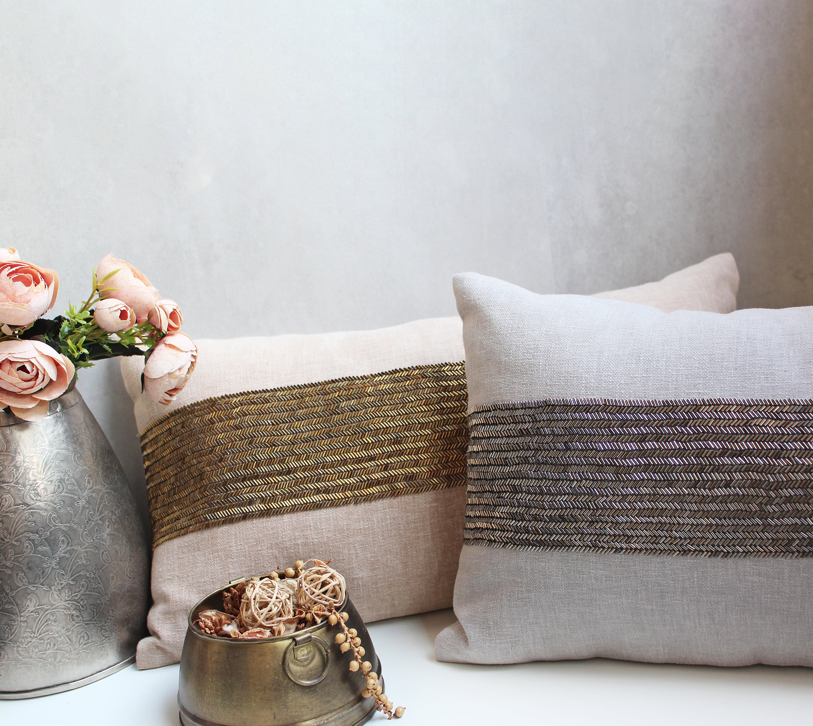 LUNA Grey Beaded Cotton Cushion Cover