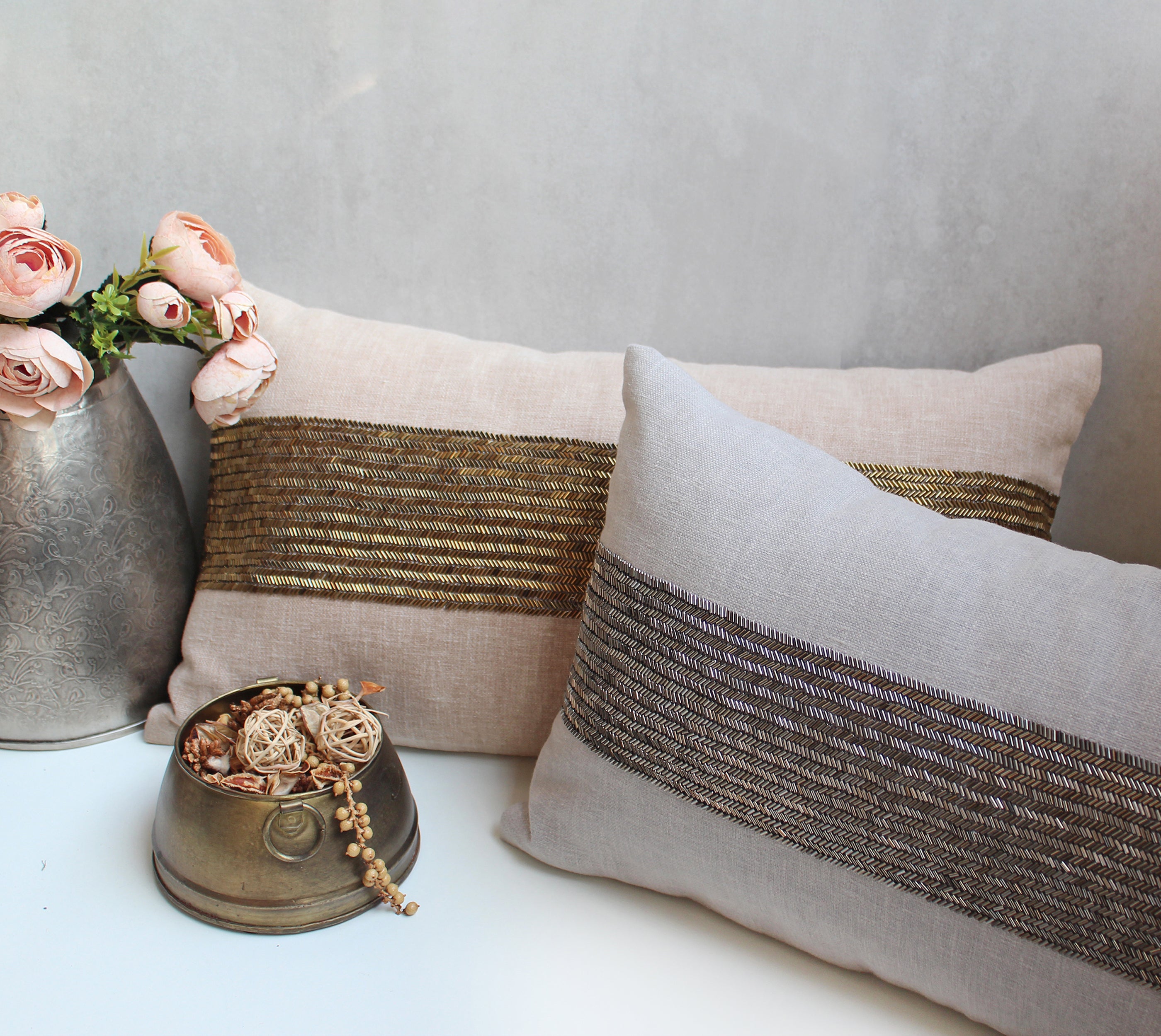 LUNA Grey Beaded Cotton Cushion Cover