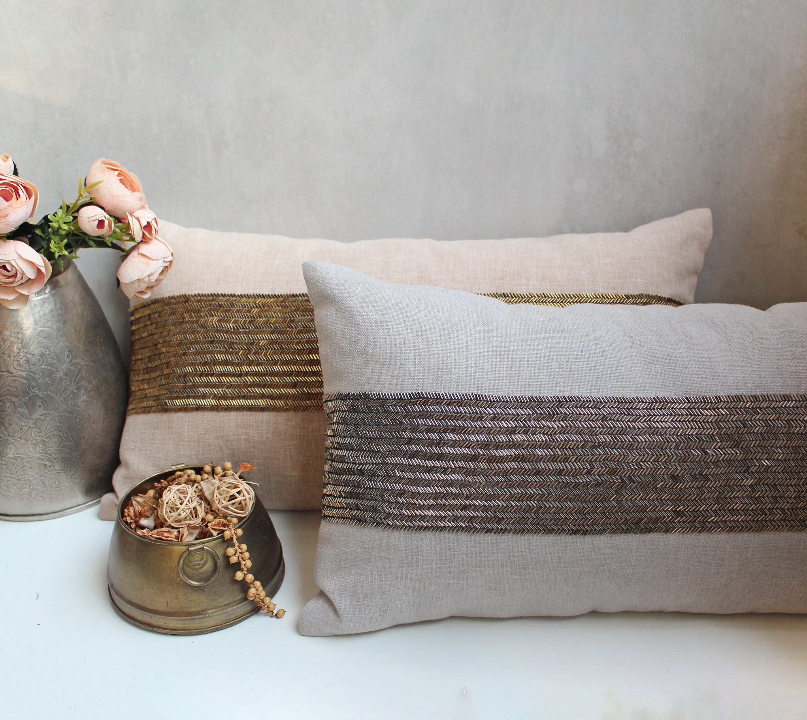 LUNA Grey Beaded Cotton Cushion Cover