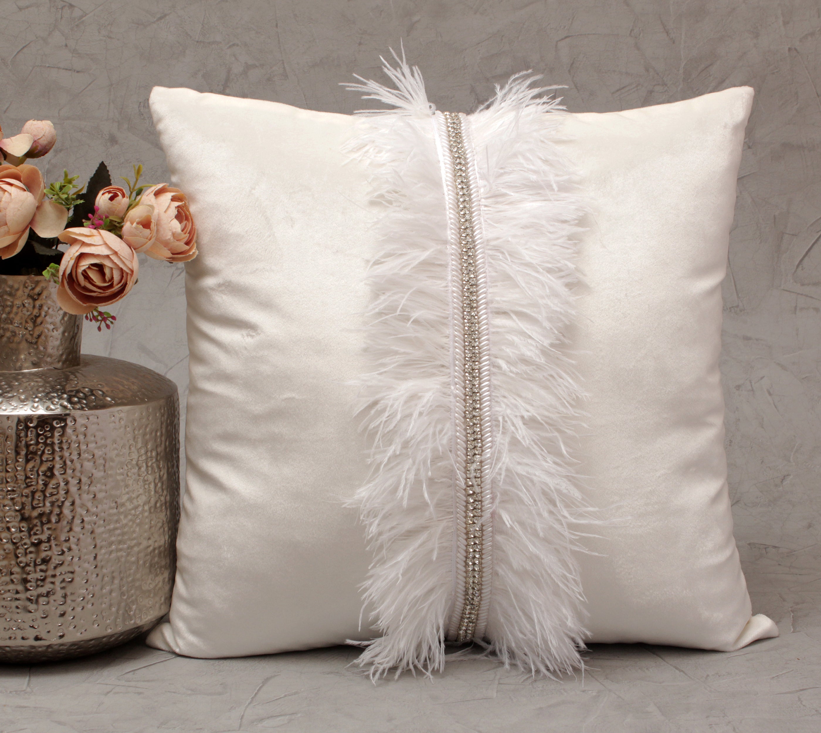 XENIA Offwhite and Silver  Feather  Cushion Cover