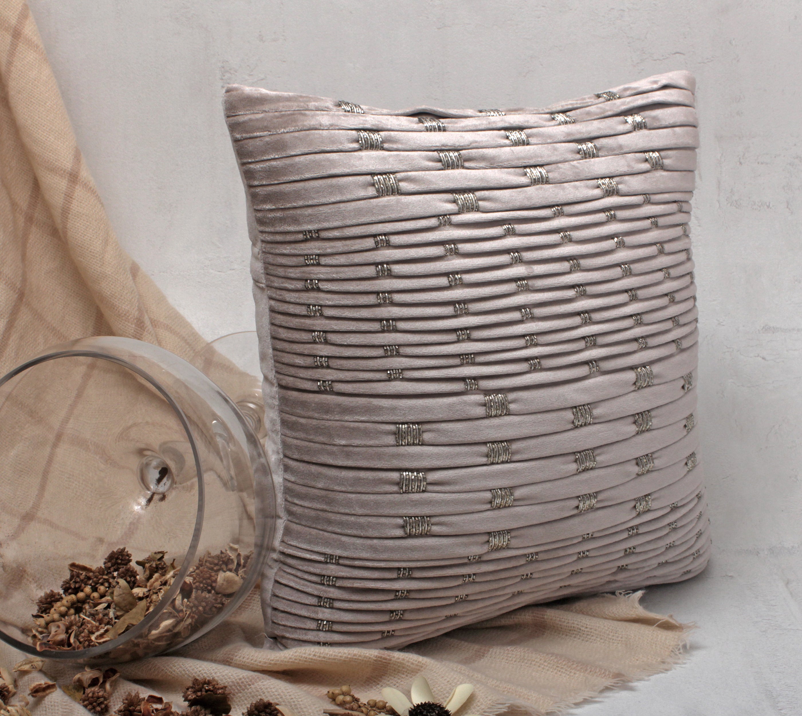 NOVA Grey Velvet Pleated Cushion Cover