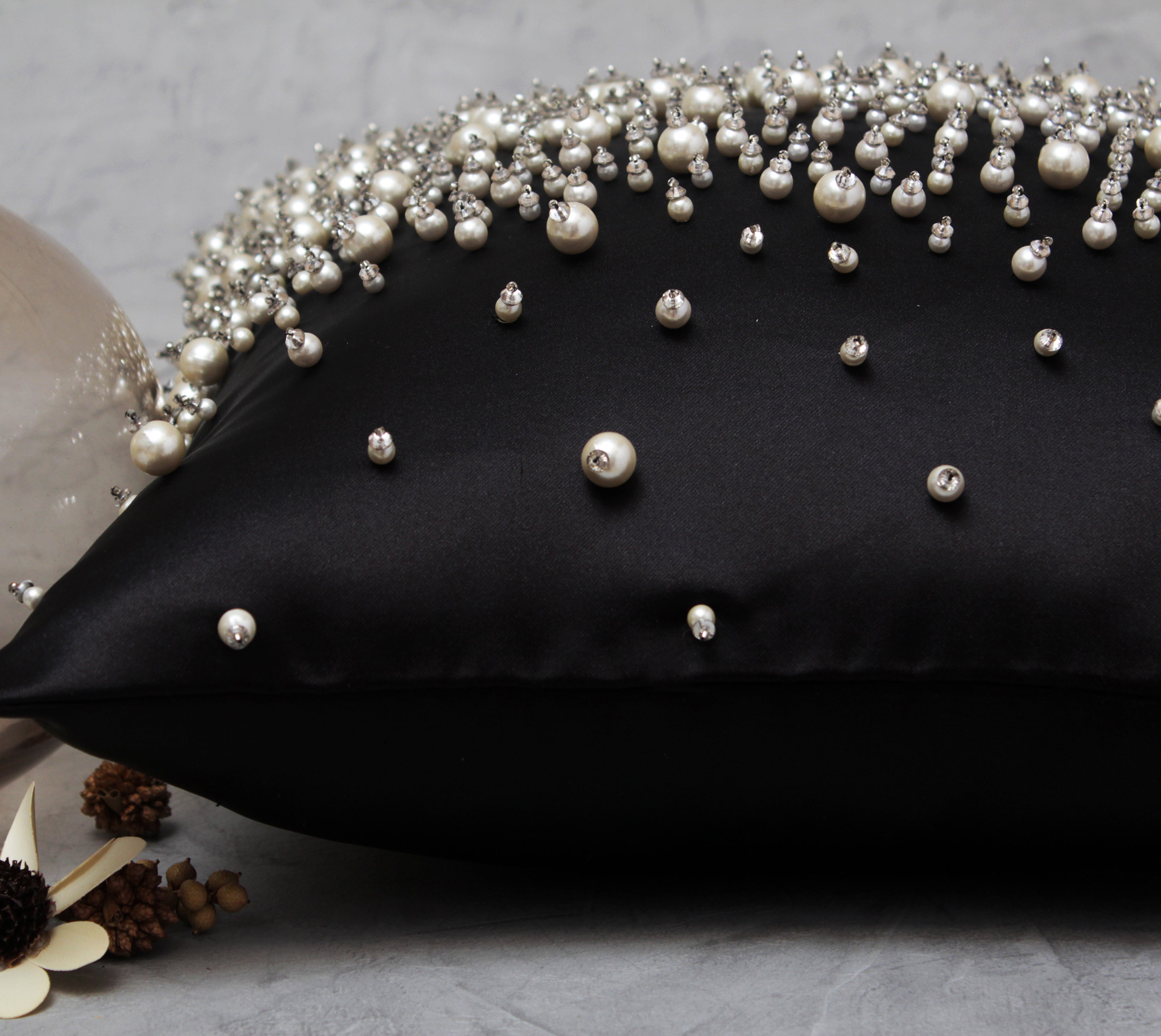 SOFIA Black Beaded Velvet Cushion Cover