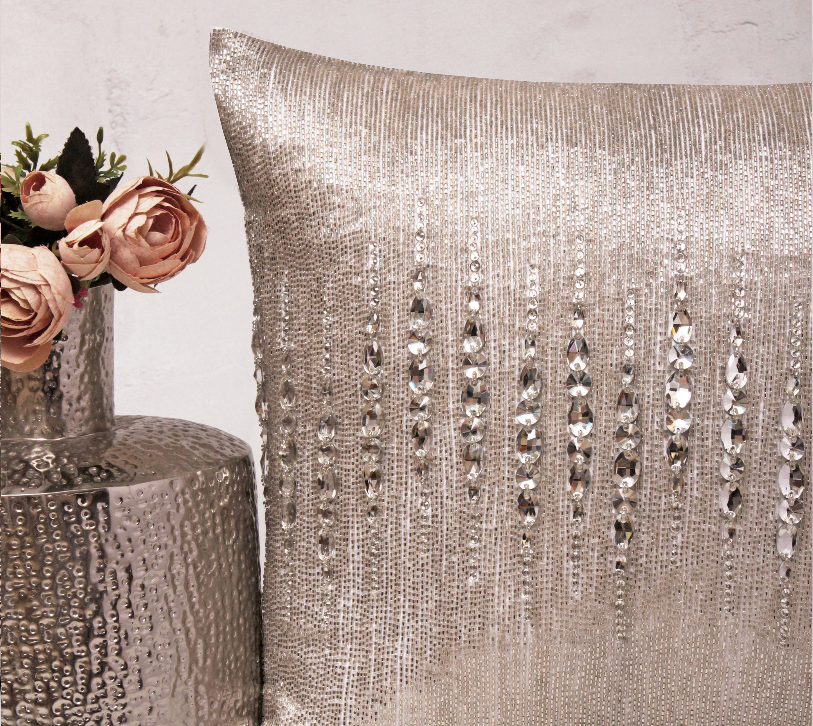 FORTUNE Silver Bling Beaded Cushion Cover