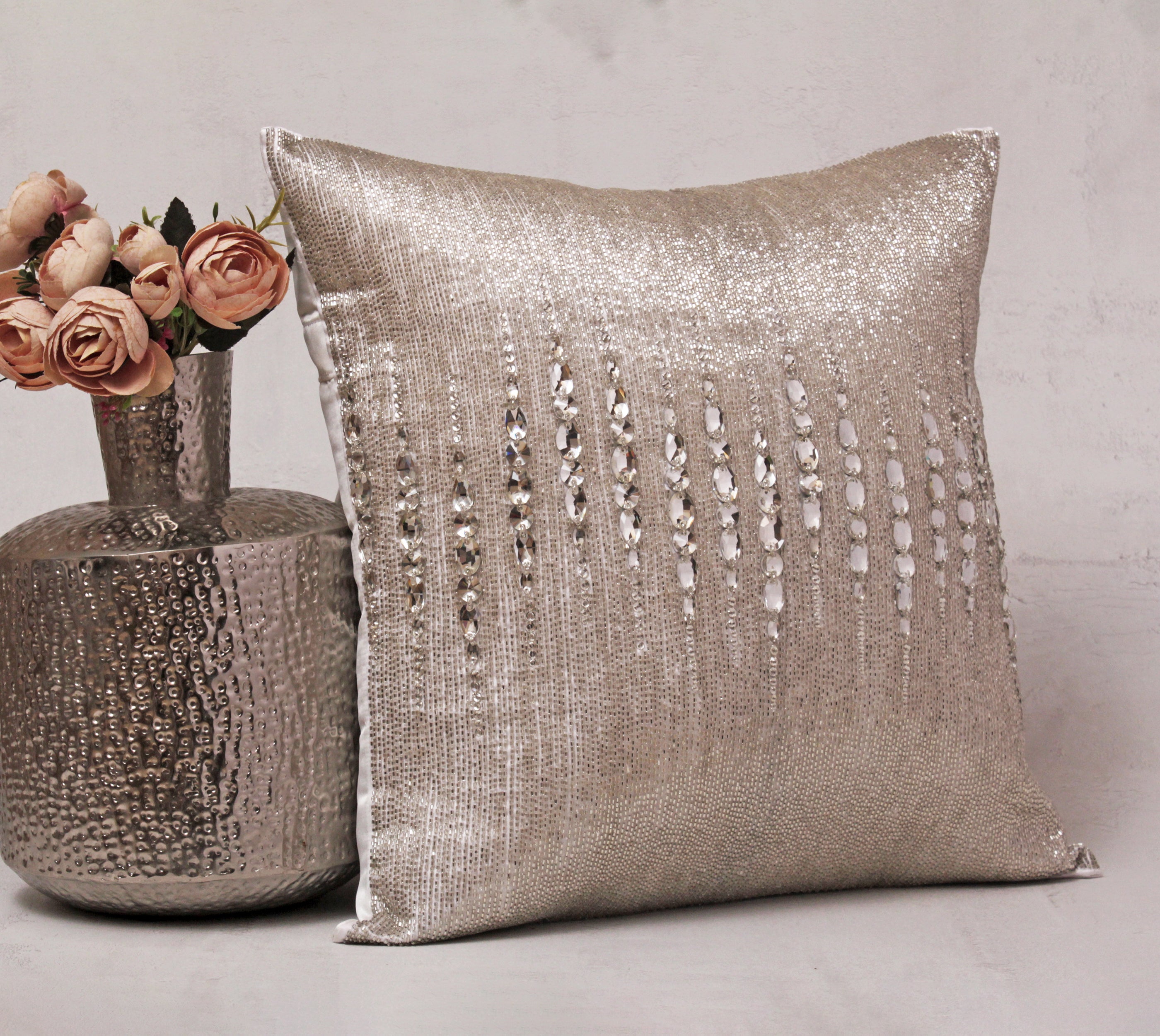 FORTUNE Silver Bling Beaded Cushion Cover