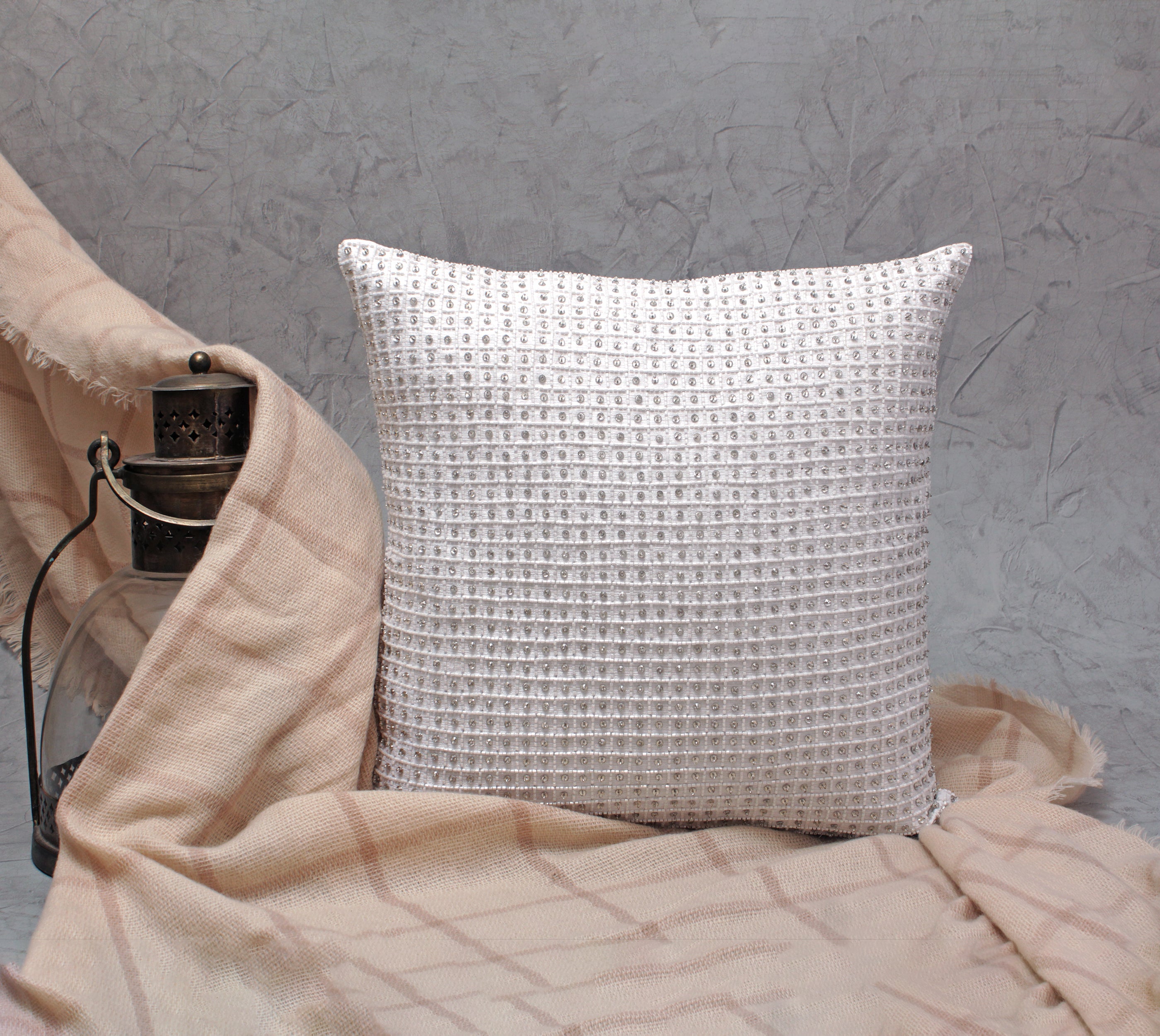 VICTORIAN White Beaded Cushion Cover