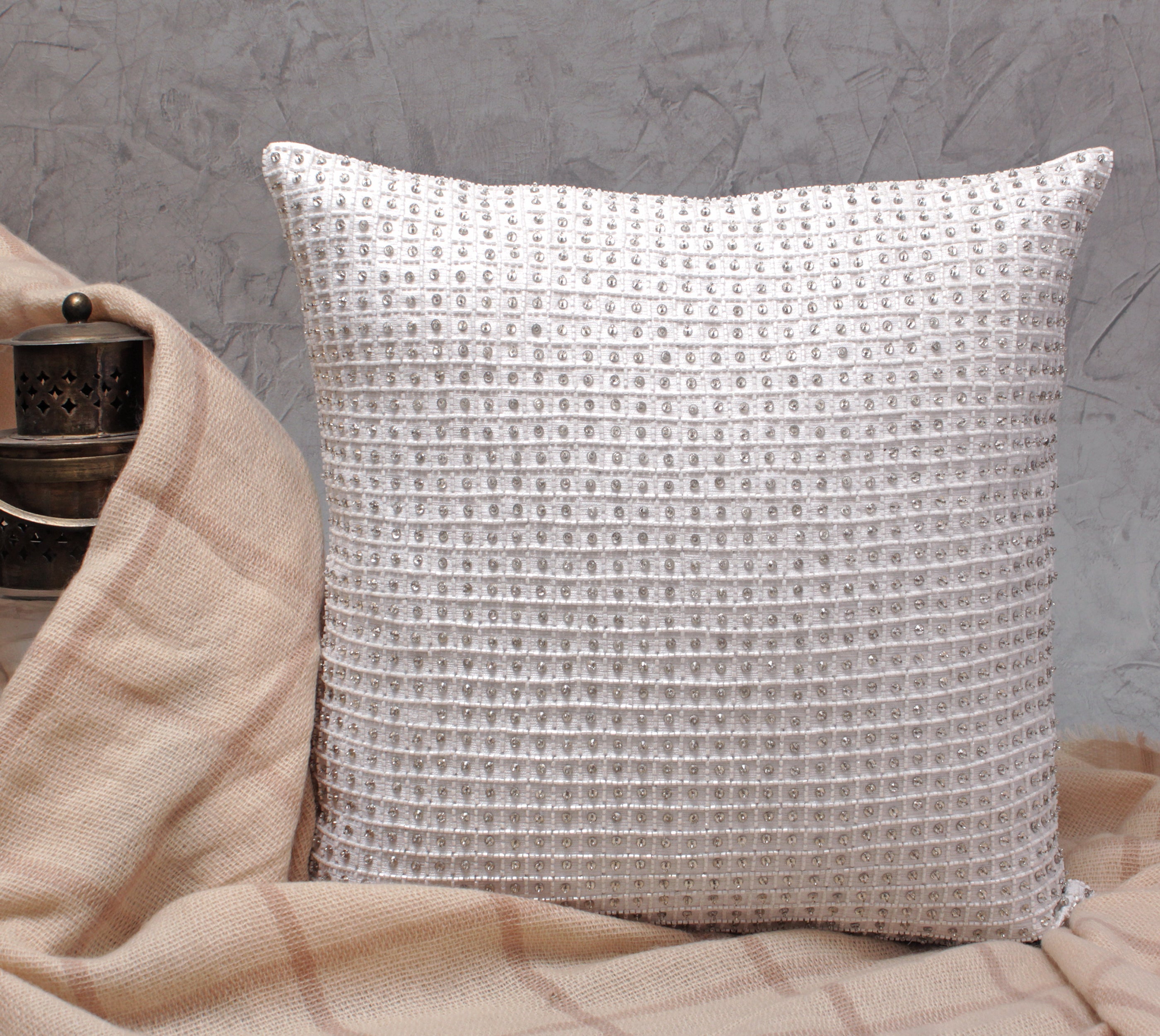 VICTORIAN White Beaded Cushion Cover