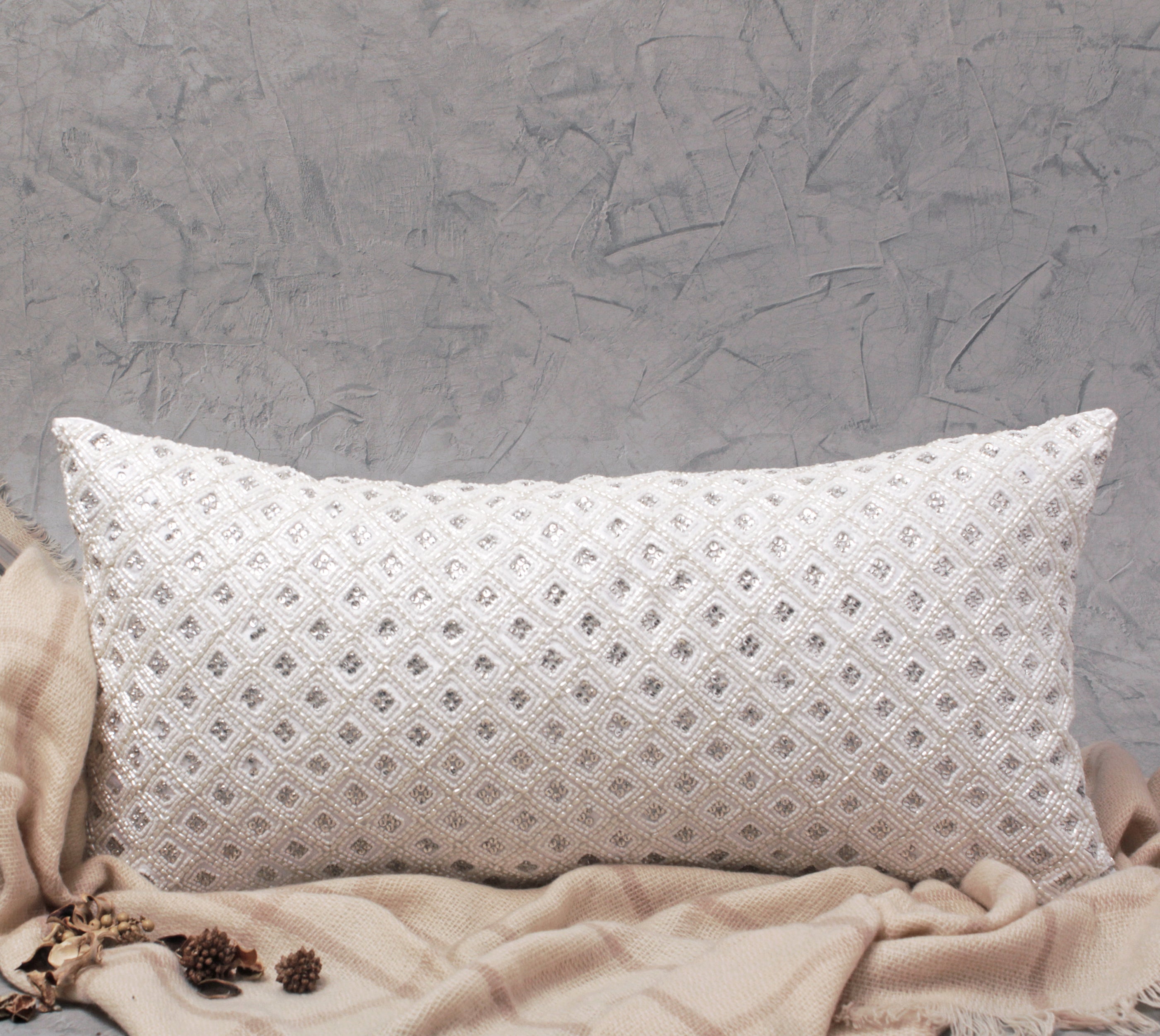 VICTORIAN White Beaded Cushion Cover