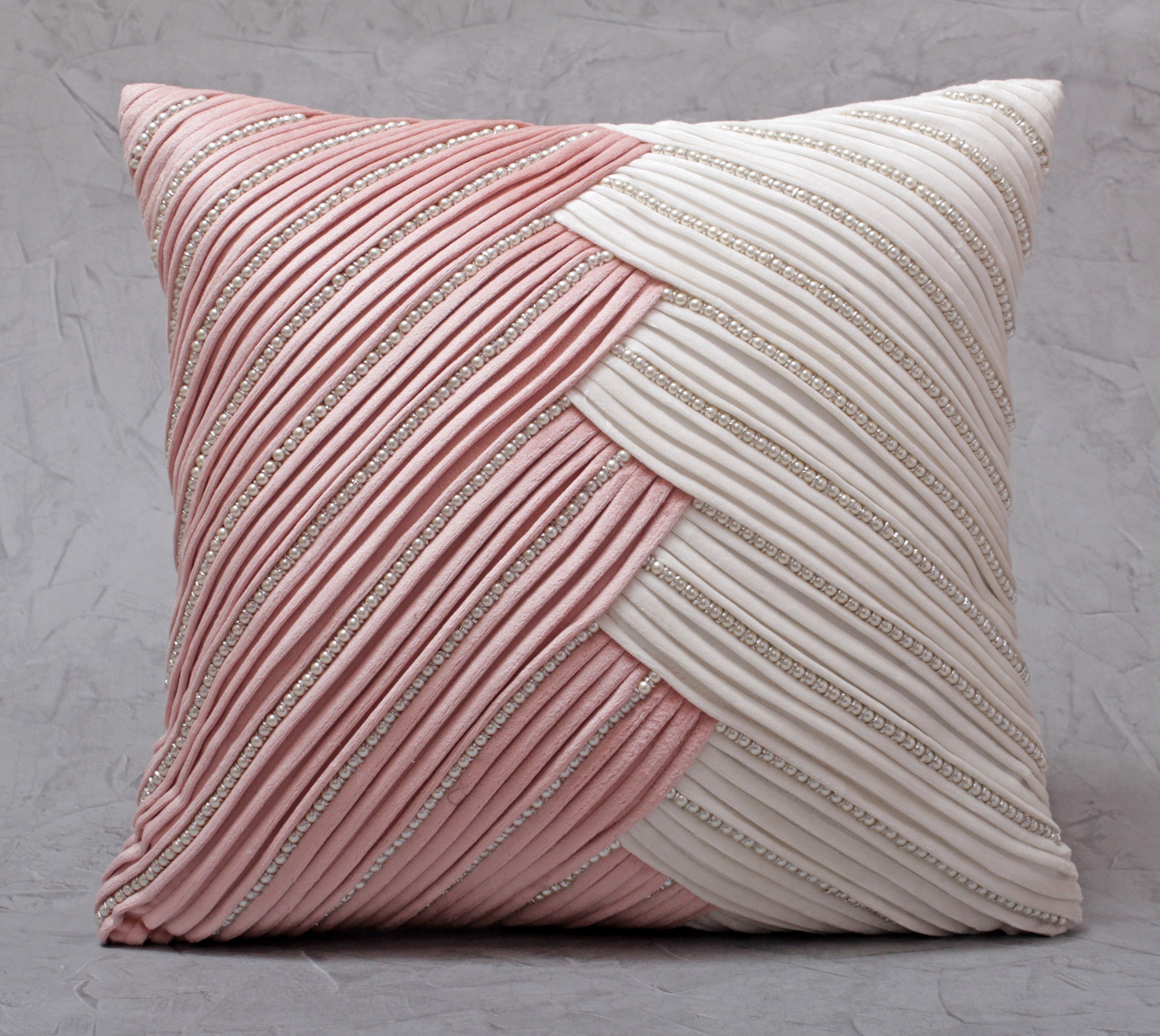 BEVEL Pink White Velvet Pleated Cushion Cover