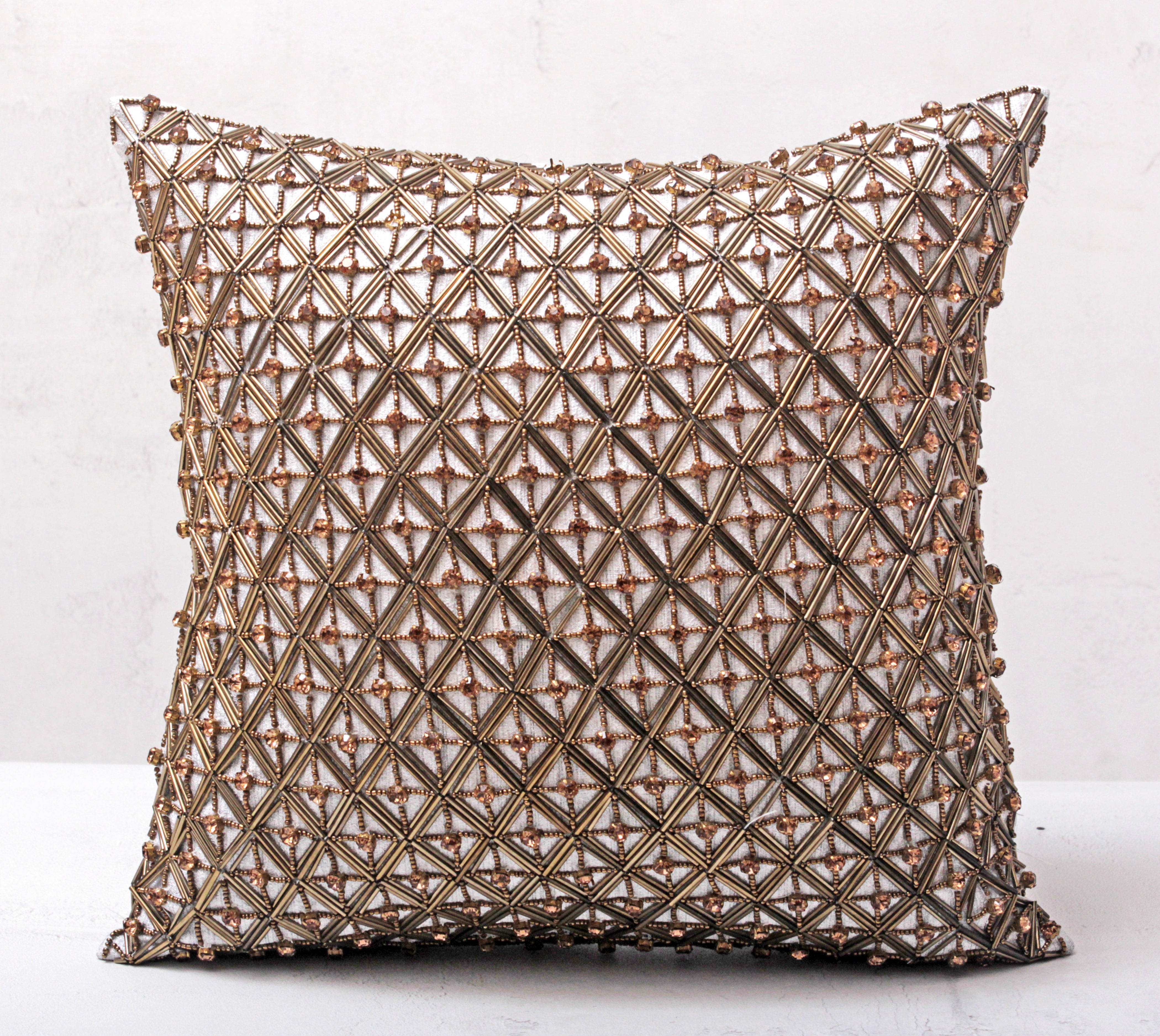 SOFIA Antique Gold Beaded Cushion Cover