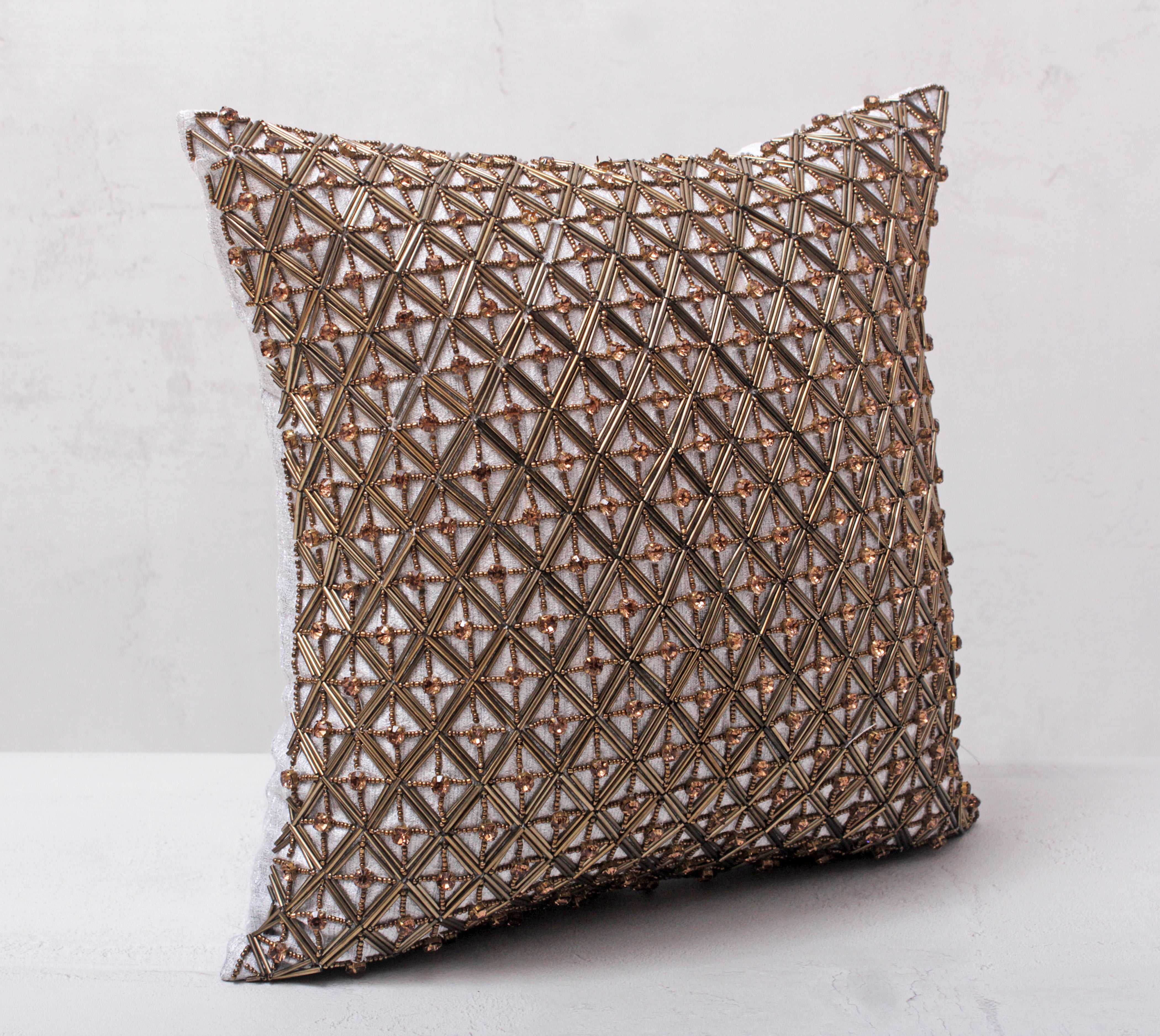 SOFIA Antique Gold Beaded Cushion Cover