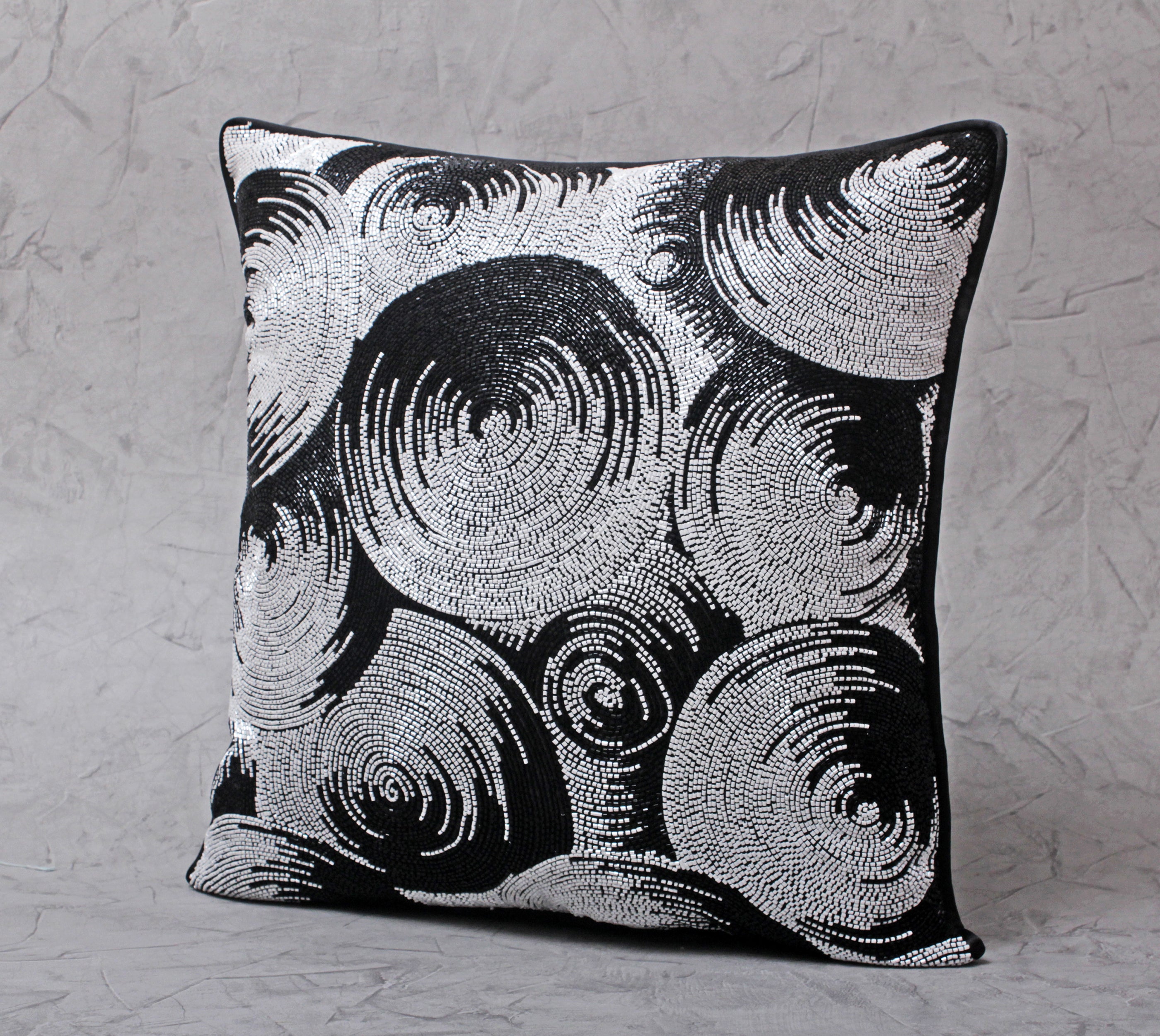 ORNATE Black White Beaded Cushion Cover