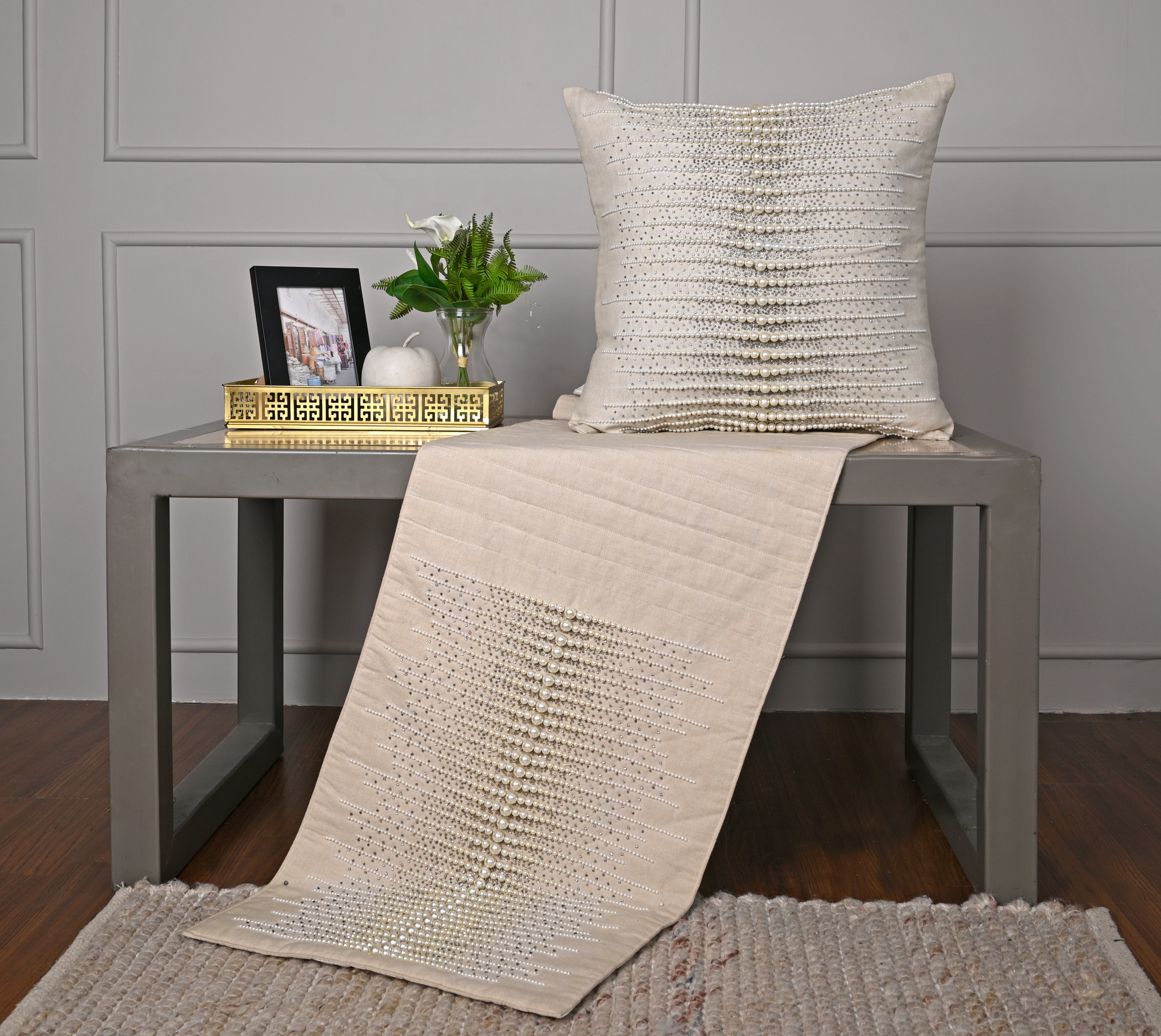 Linen Cotton, Off white and Silver Bed Runner Set