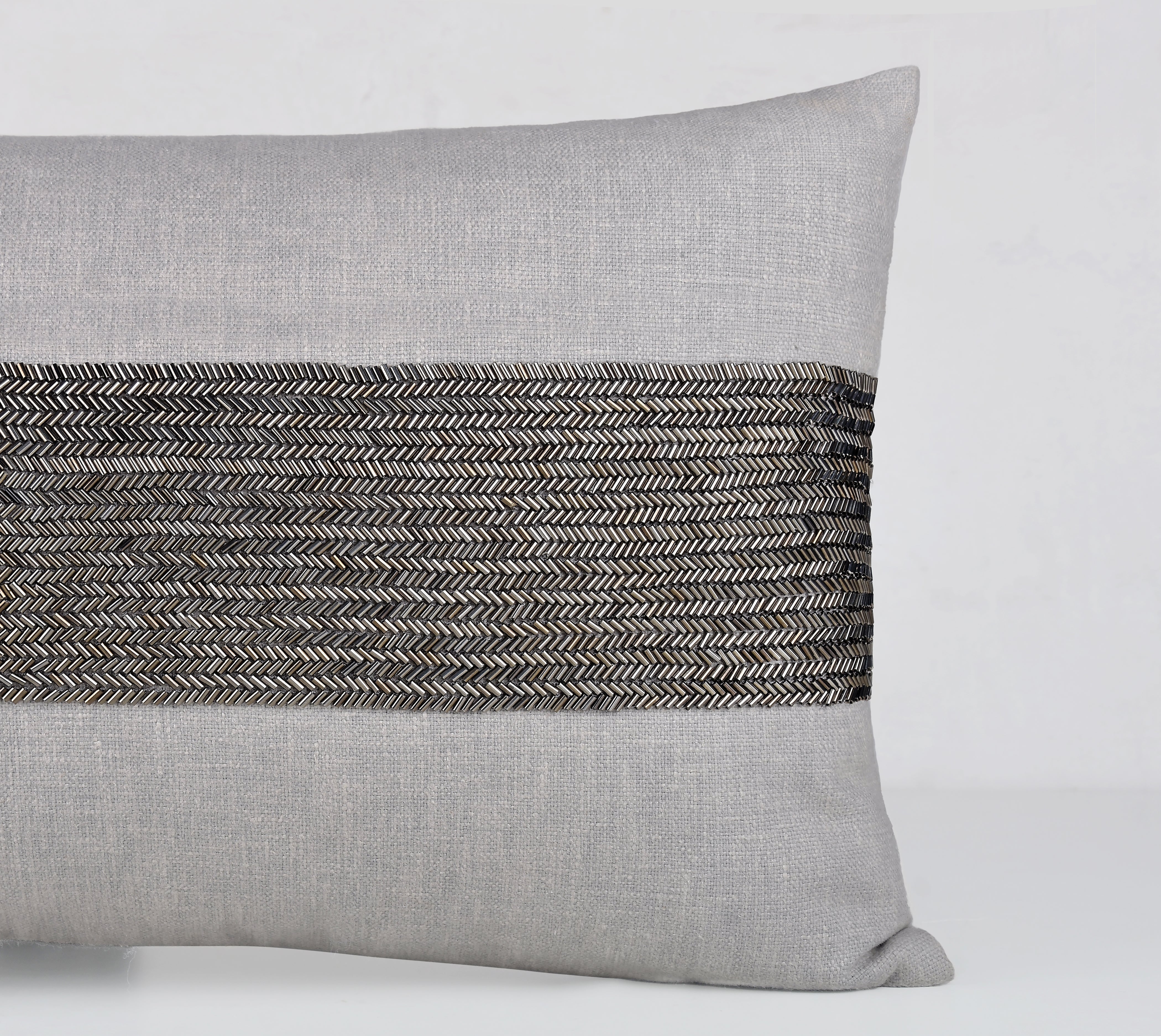 LUNA Grey Beaded Cotton Cushion Cover