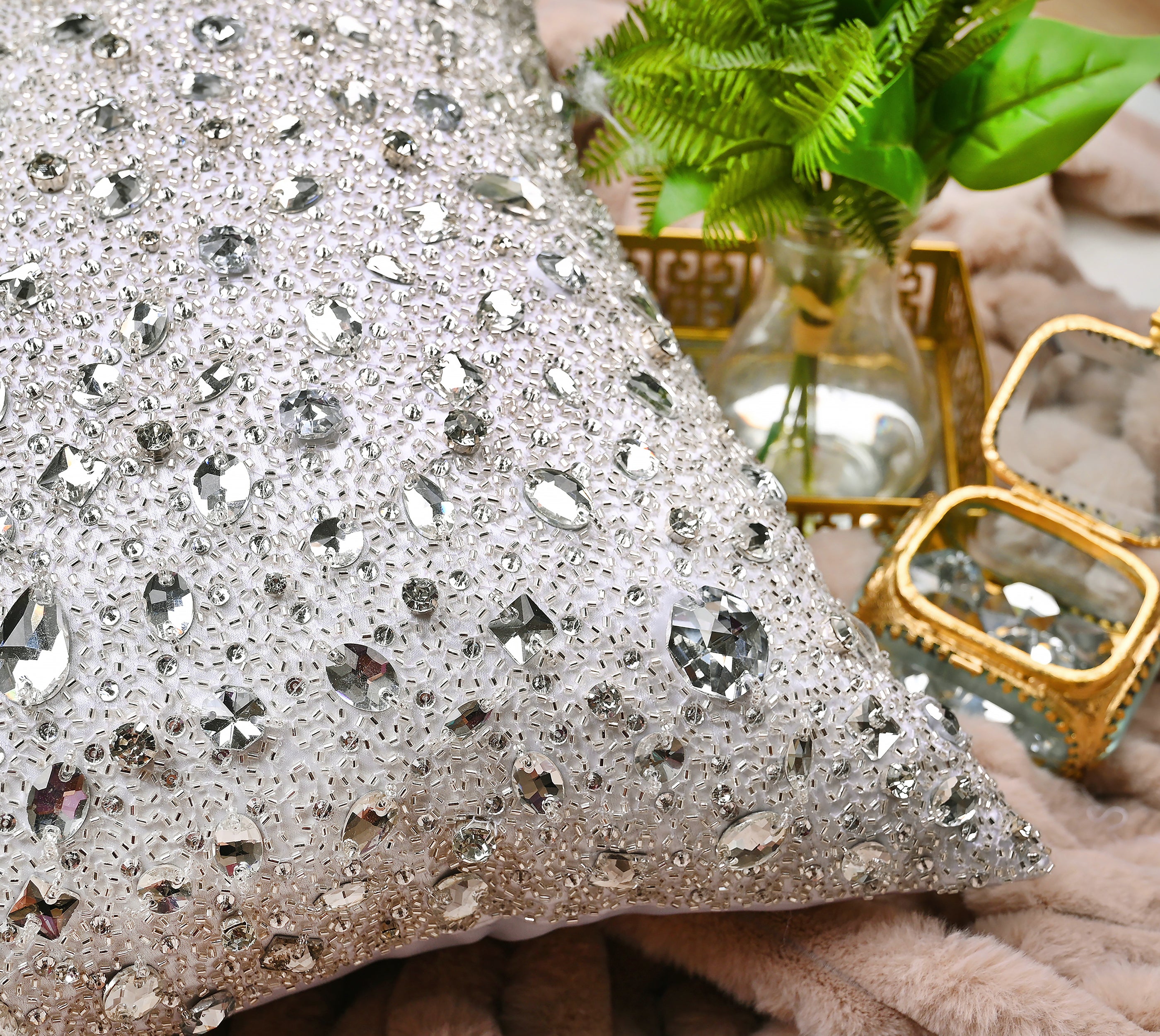 FORTUNE White Bling Satin Cushion Cover