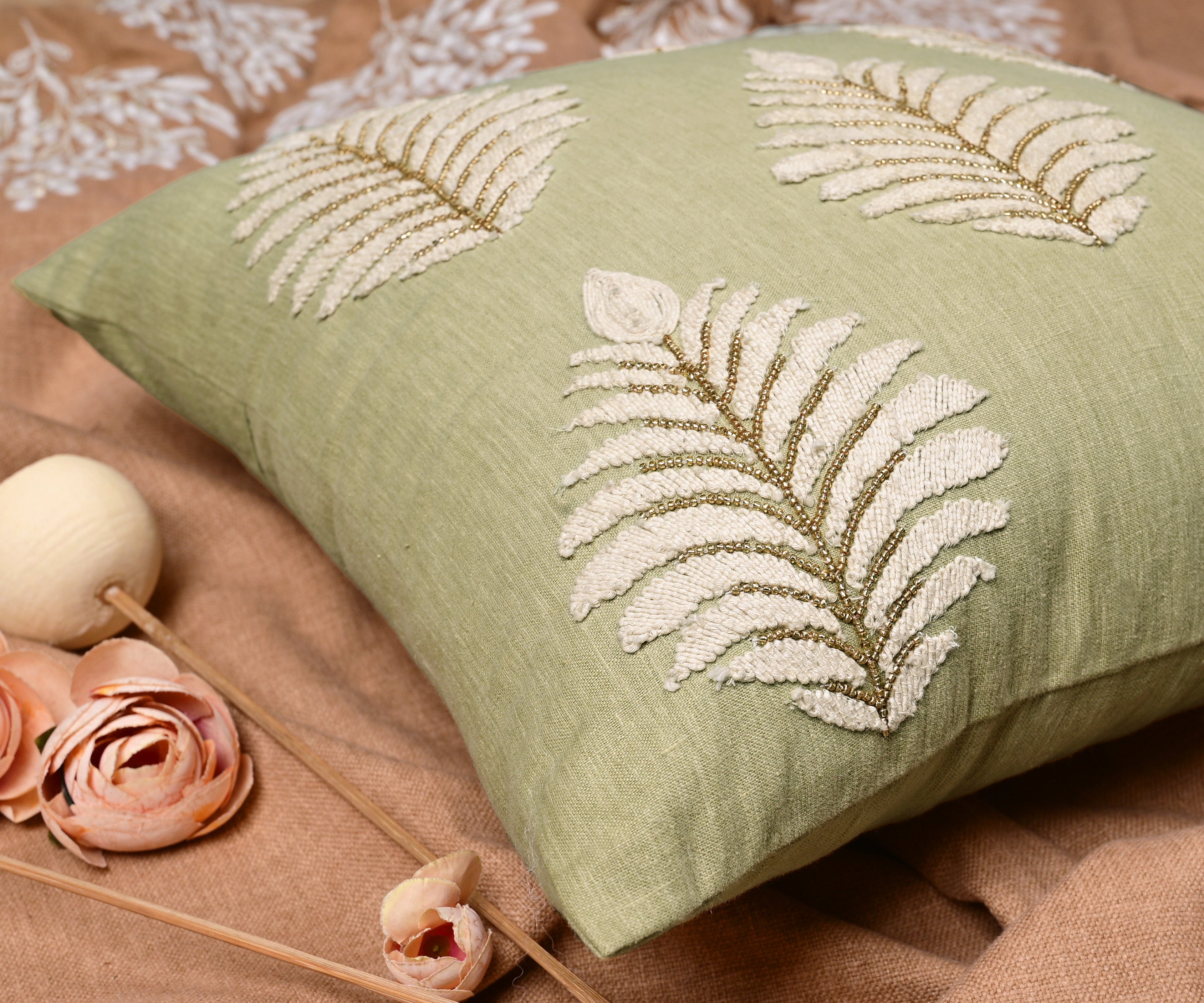 ISABELLA Green Linen Cushion Cover