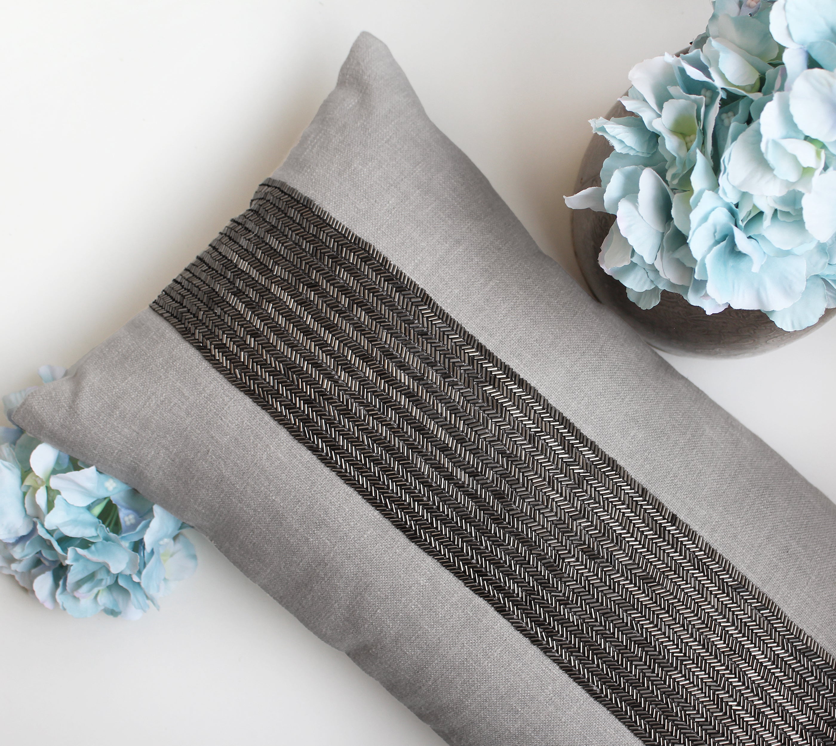 LUNA Grey Beaded Cotton Cushion Cover