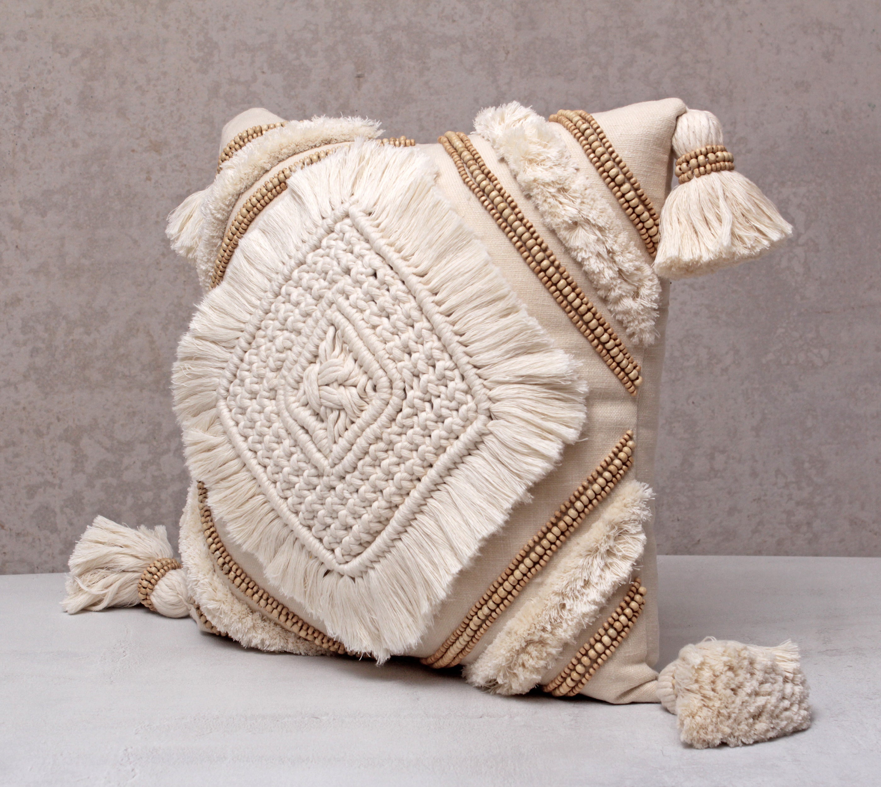 REVA Offwhite Macrame  Cotton Cushion Cover