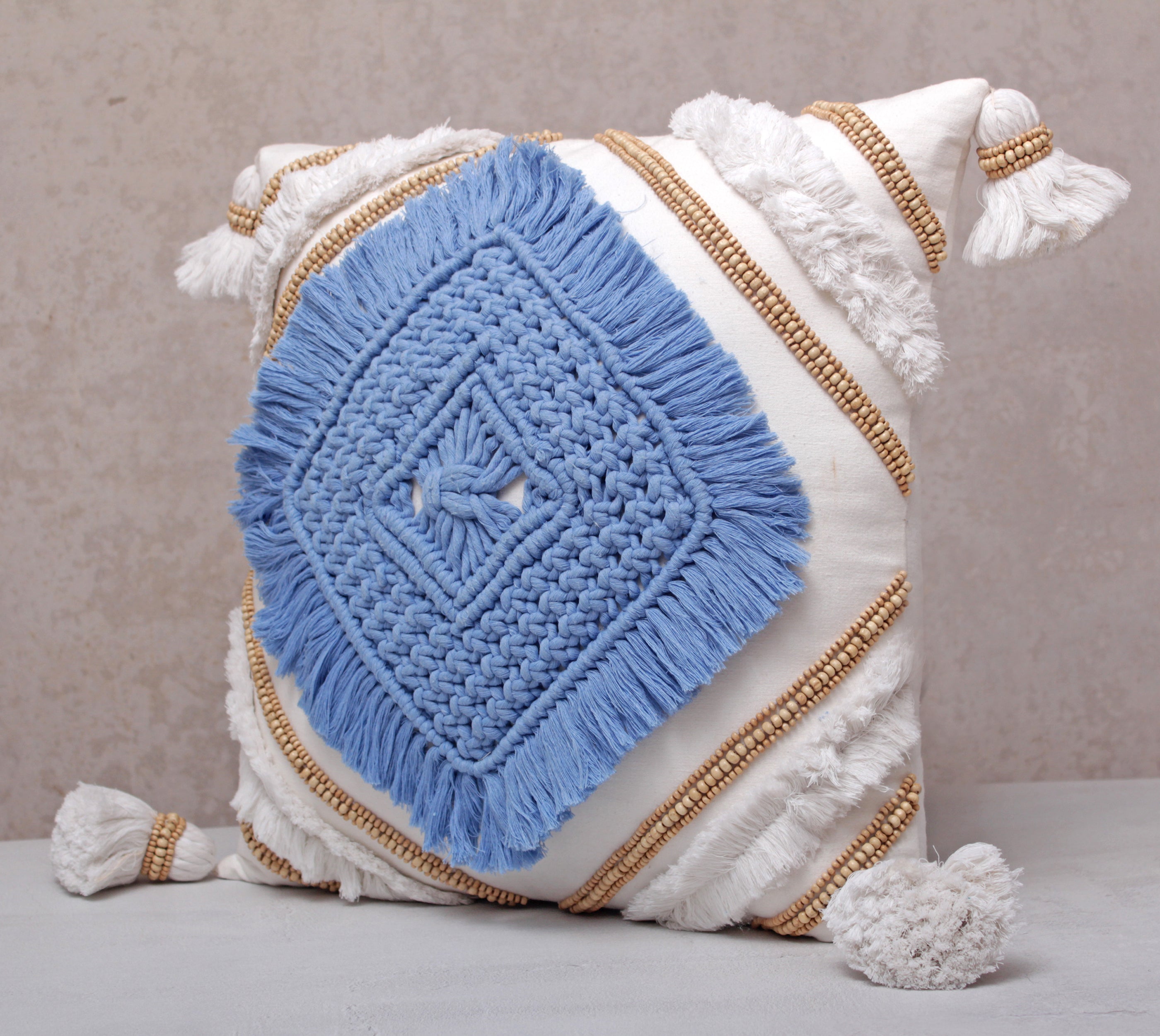 REVA Blue White Macrame Cotton Cushion Cover