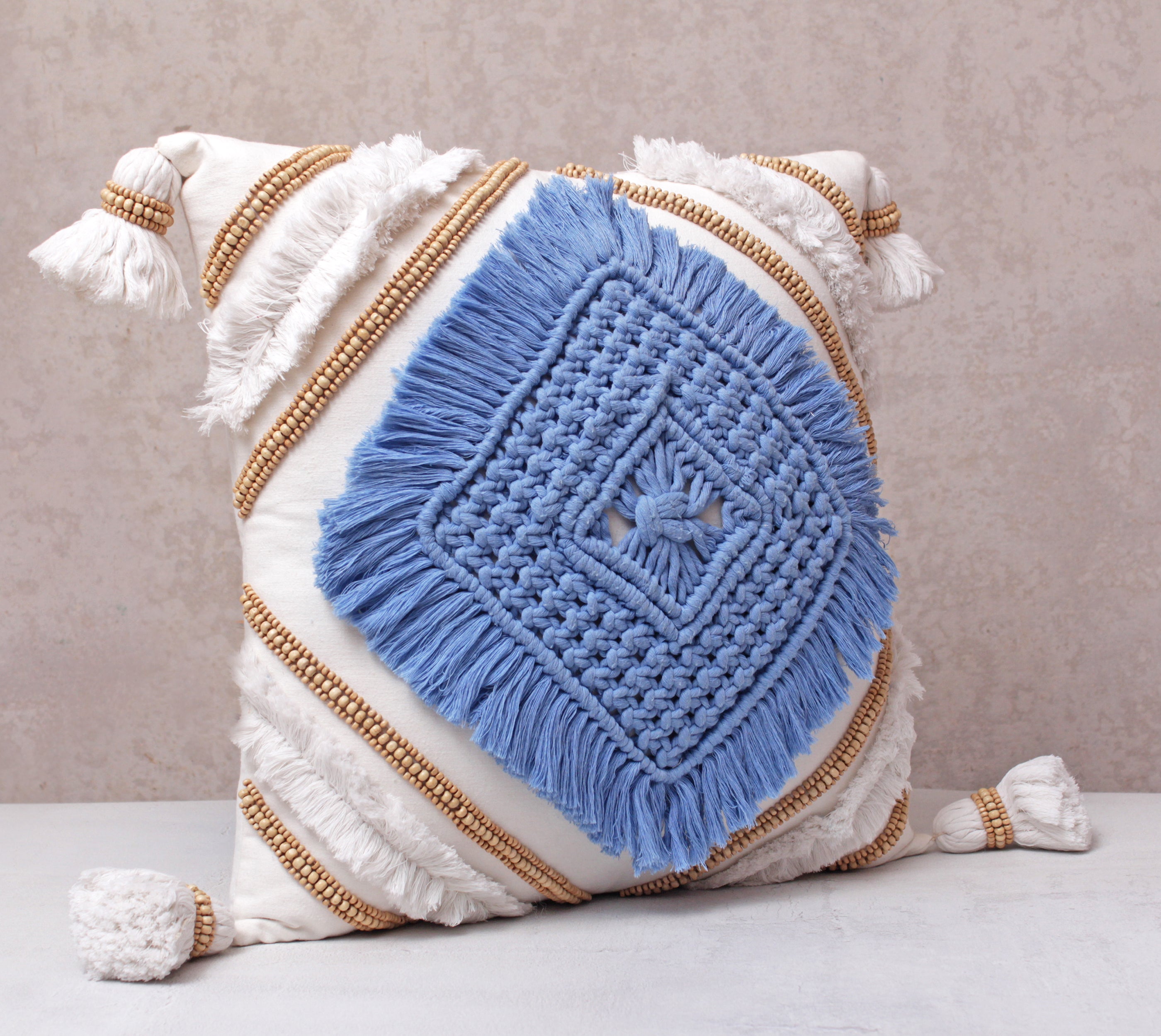 REVA Blue White Macrame Cotton Cushion Cover