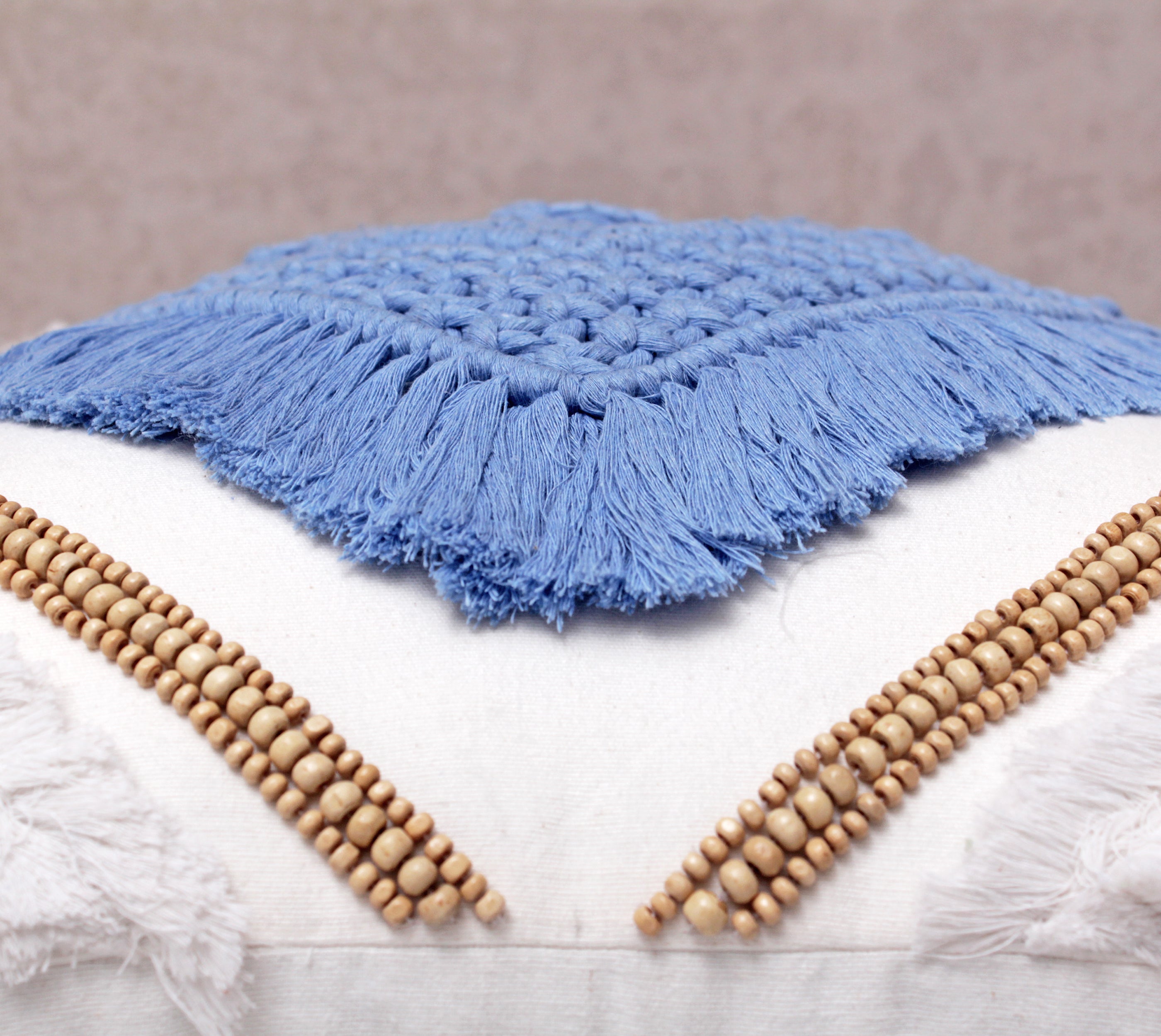 REVA Blue White Macrame Cotton Cushion Cover