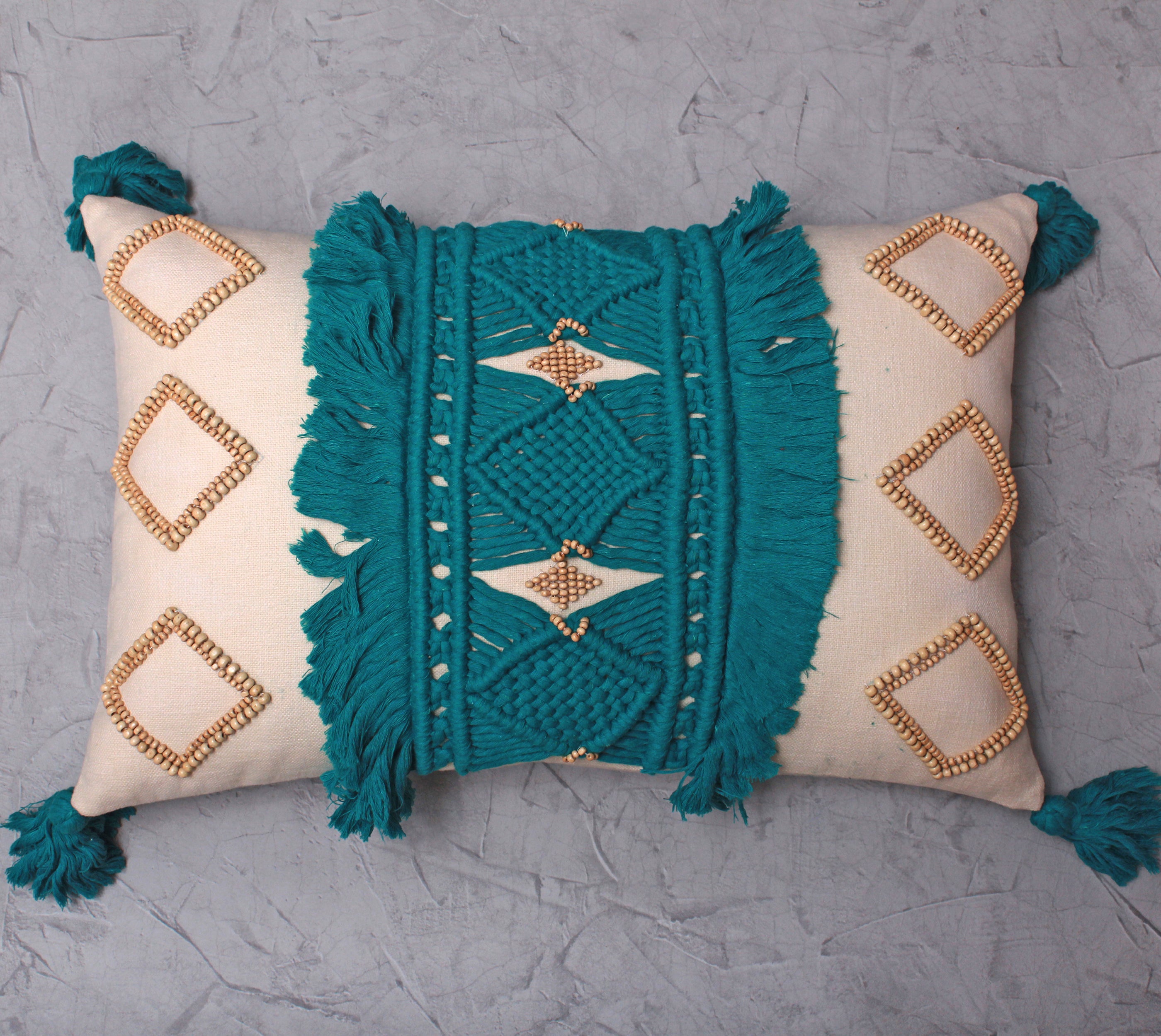 REVA Teal Off-white Macrame Cotton Cushion Cover