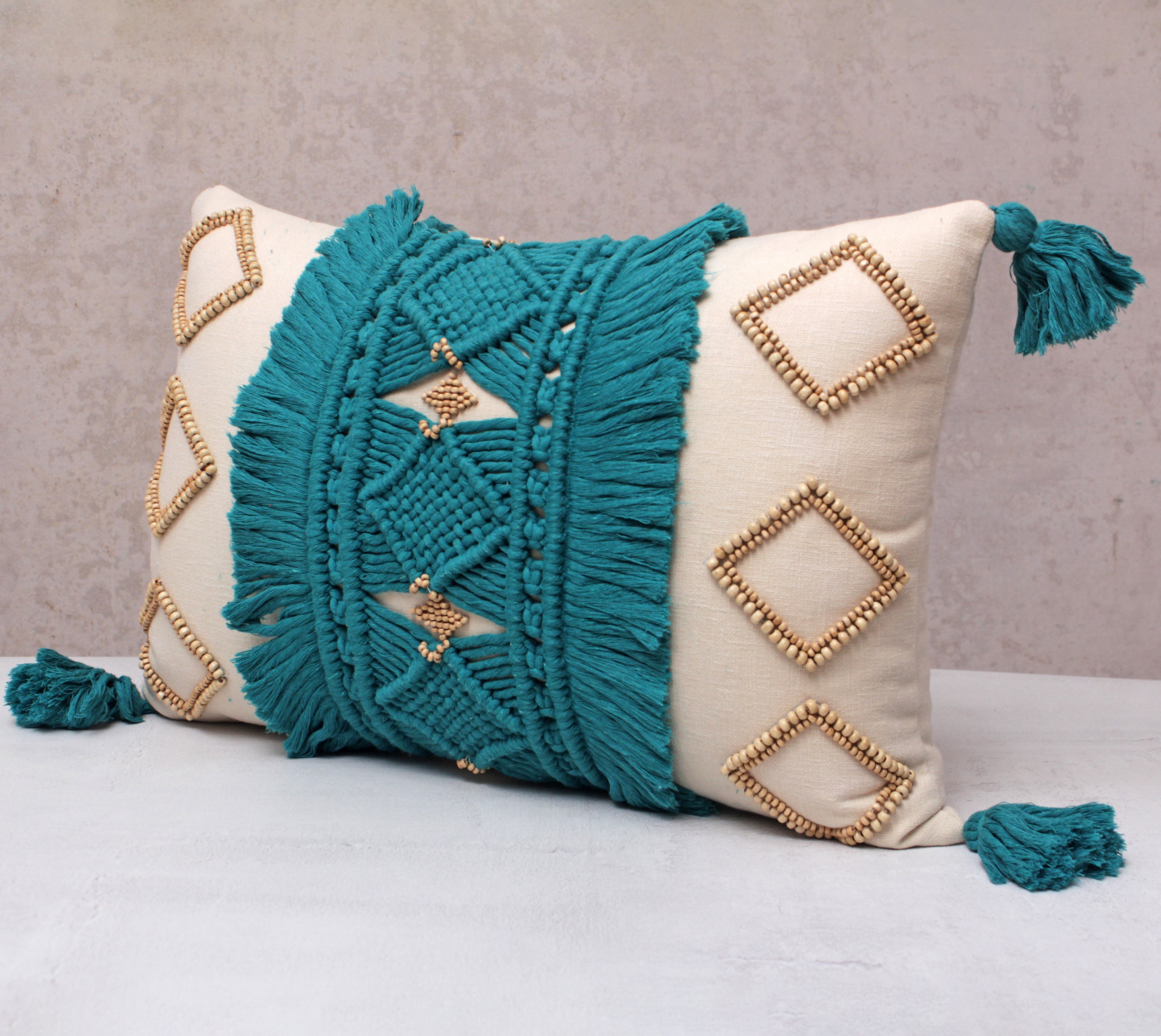 REVA Teal Off-white Macrame Cotton Cushion Cover