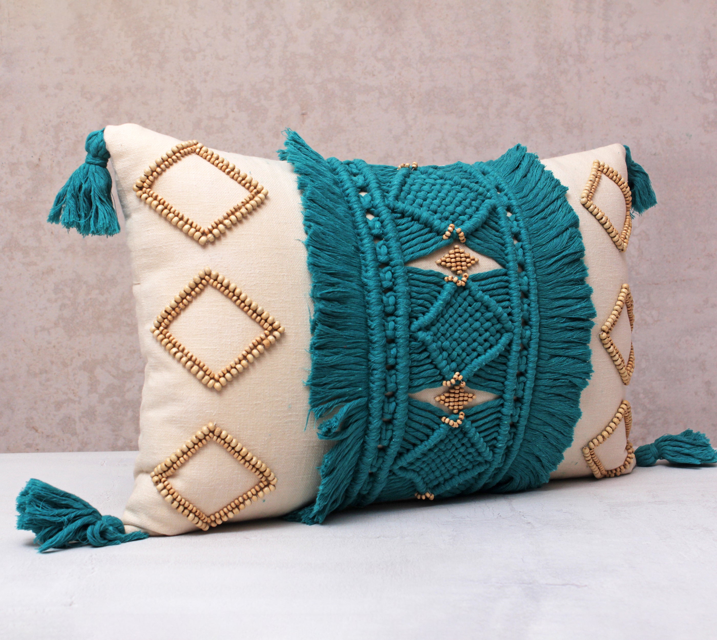 REVA Teal Off-white Macrame Cotton Cushion Cover