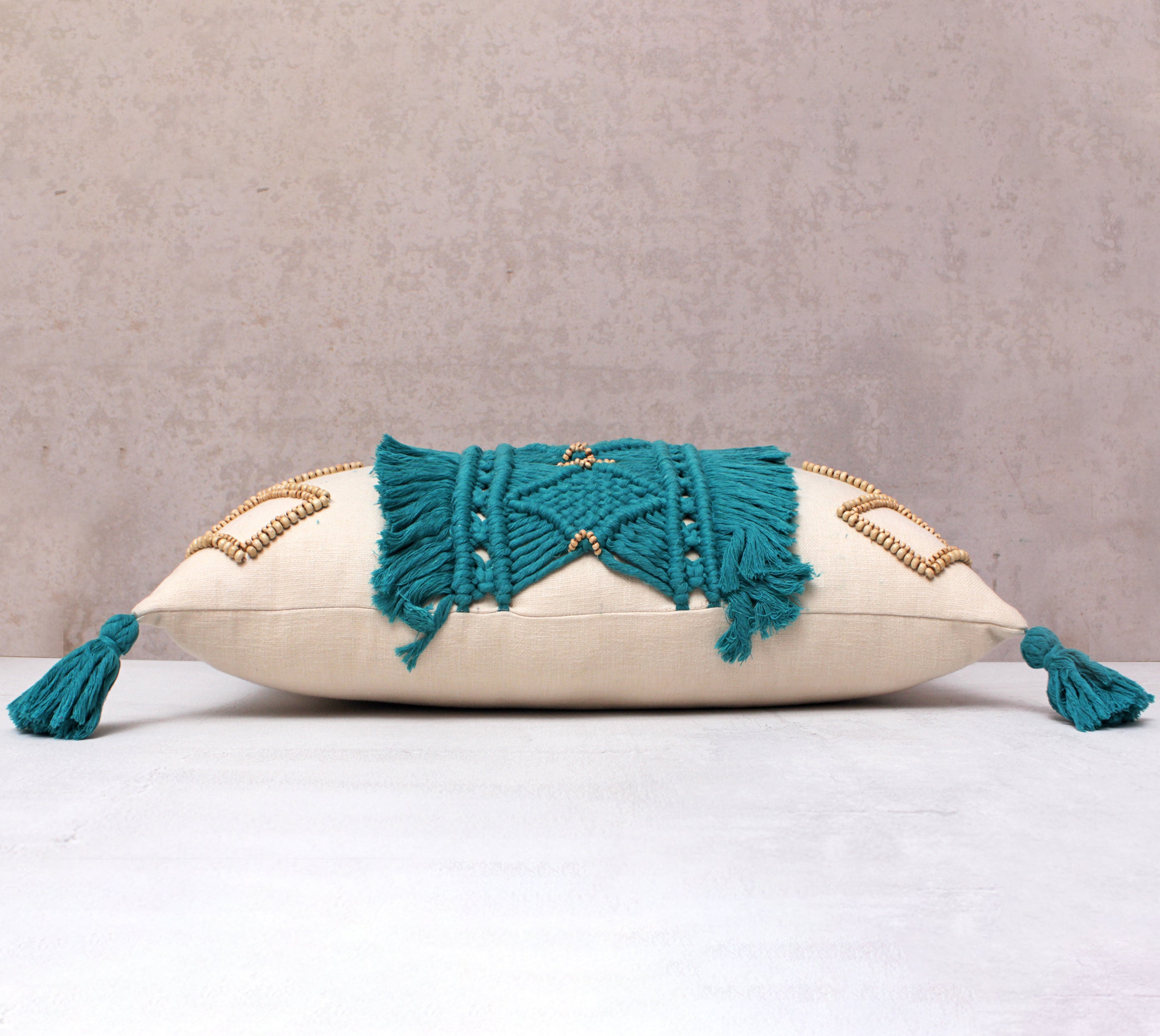 REVA Teal Off-white Macrame Cotton Cushion Cover