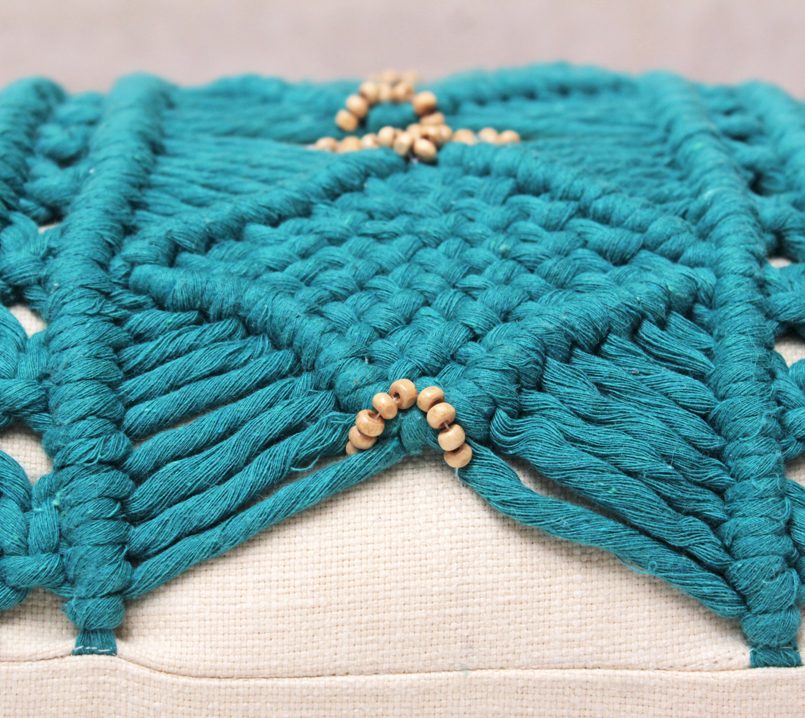 REVA Teal Off-white Macrame Cotton Cushion Cover