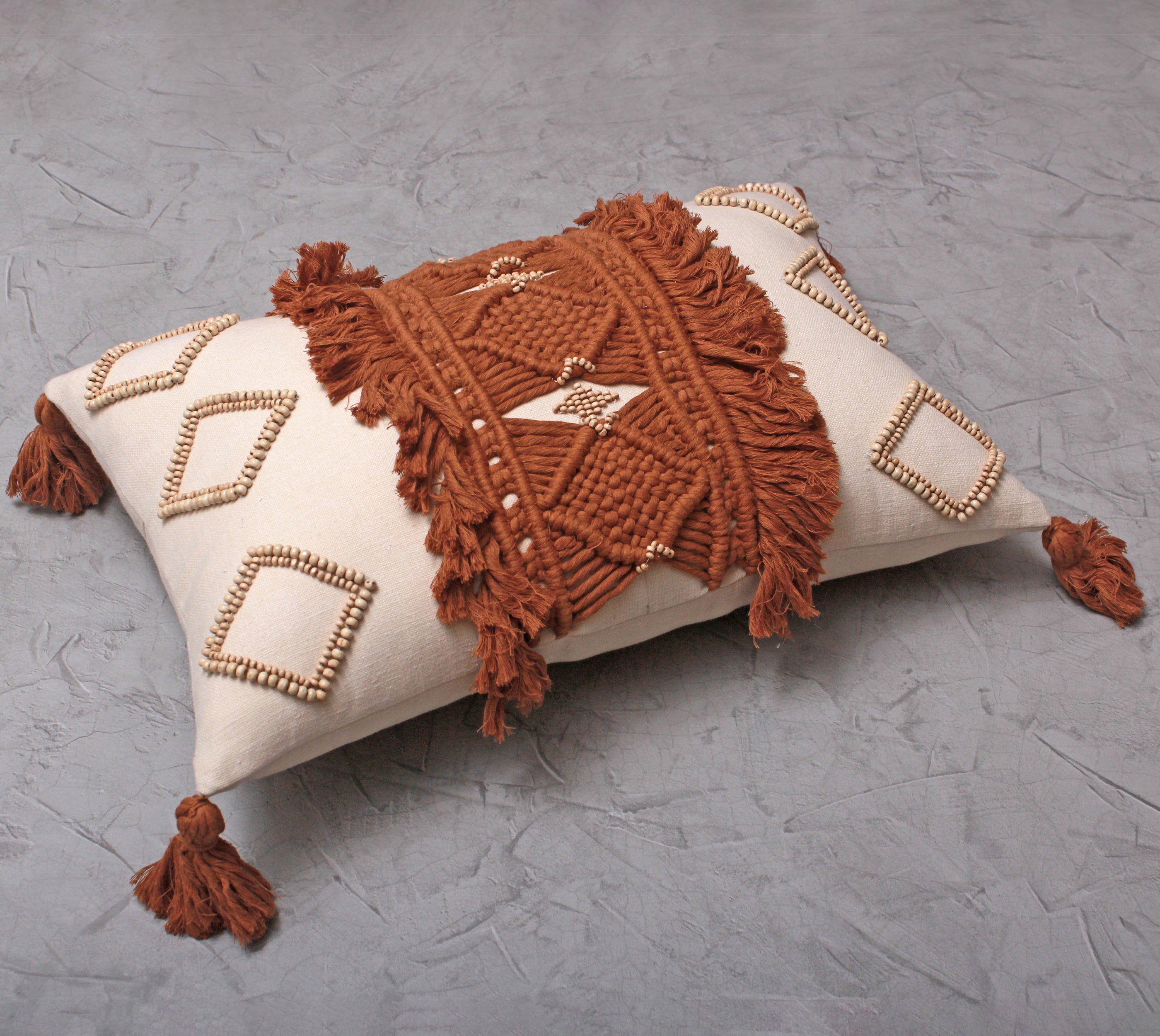 REVA Rust Off-white Macrame Cotton Cushion Cover