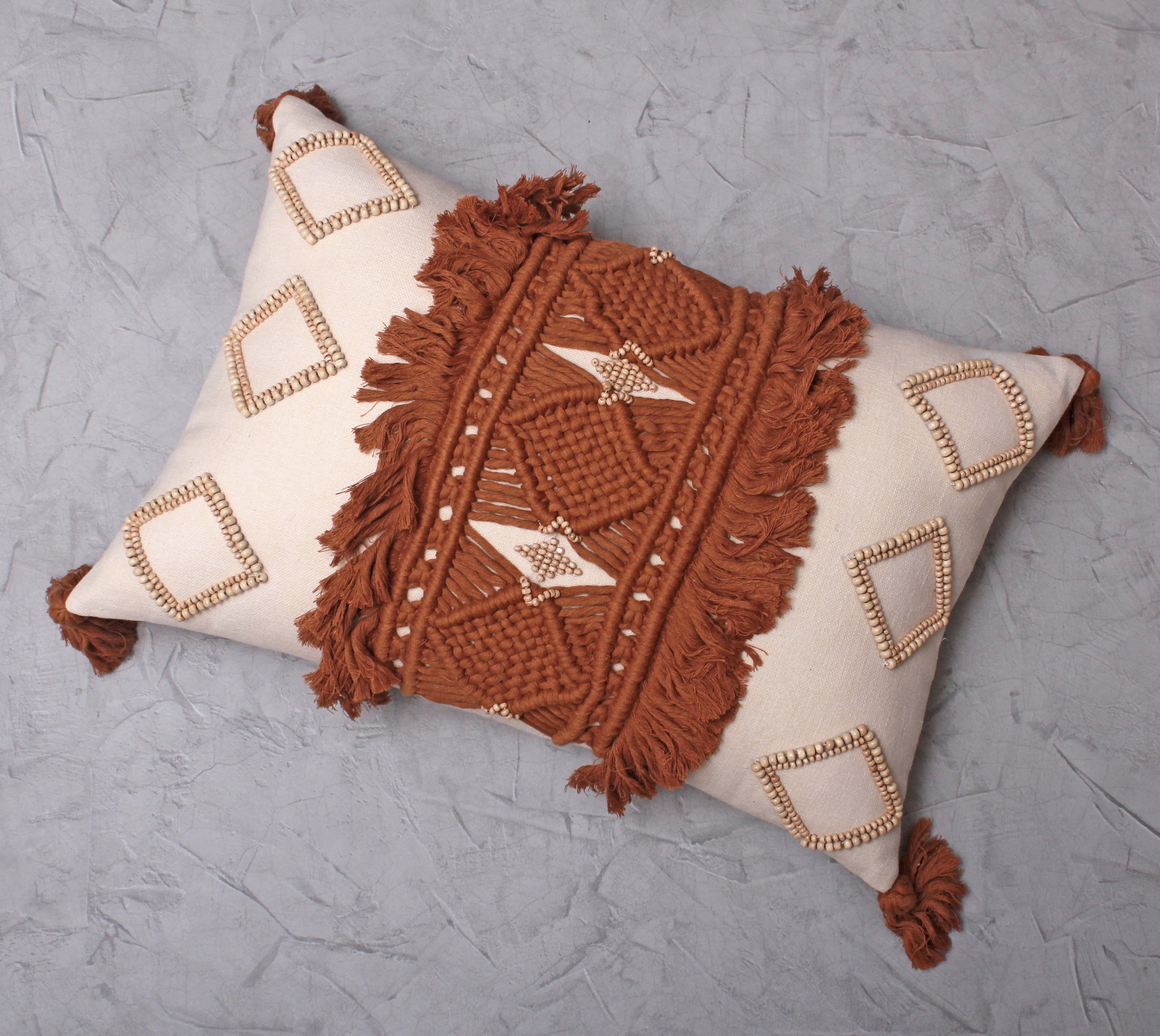 REVA Rust Off-white Macrame Cotton Cushion Cover