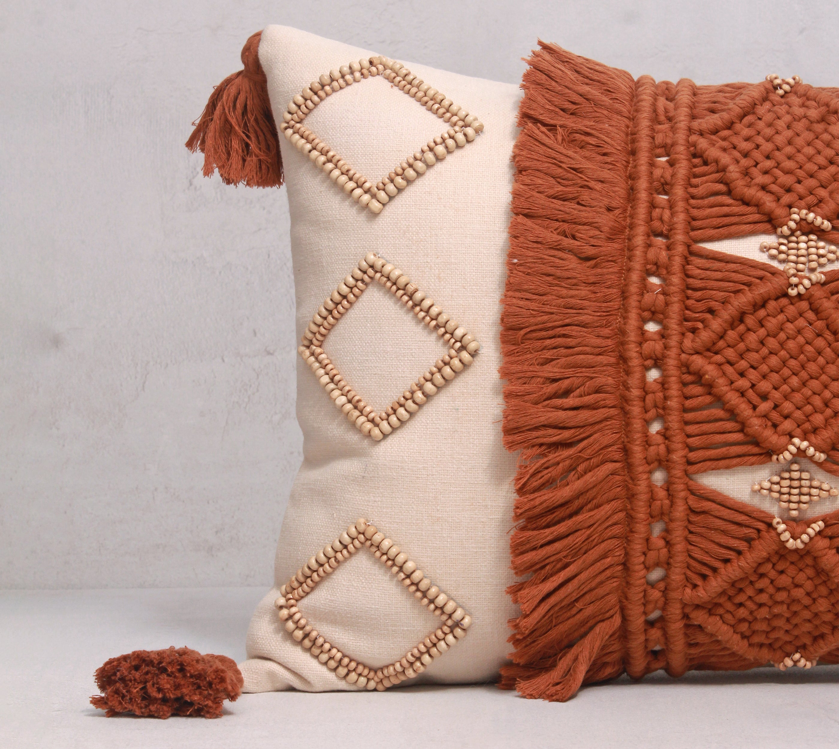 REVA Rust Off-white Macrame Cotton Cushion Cover