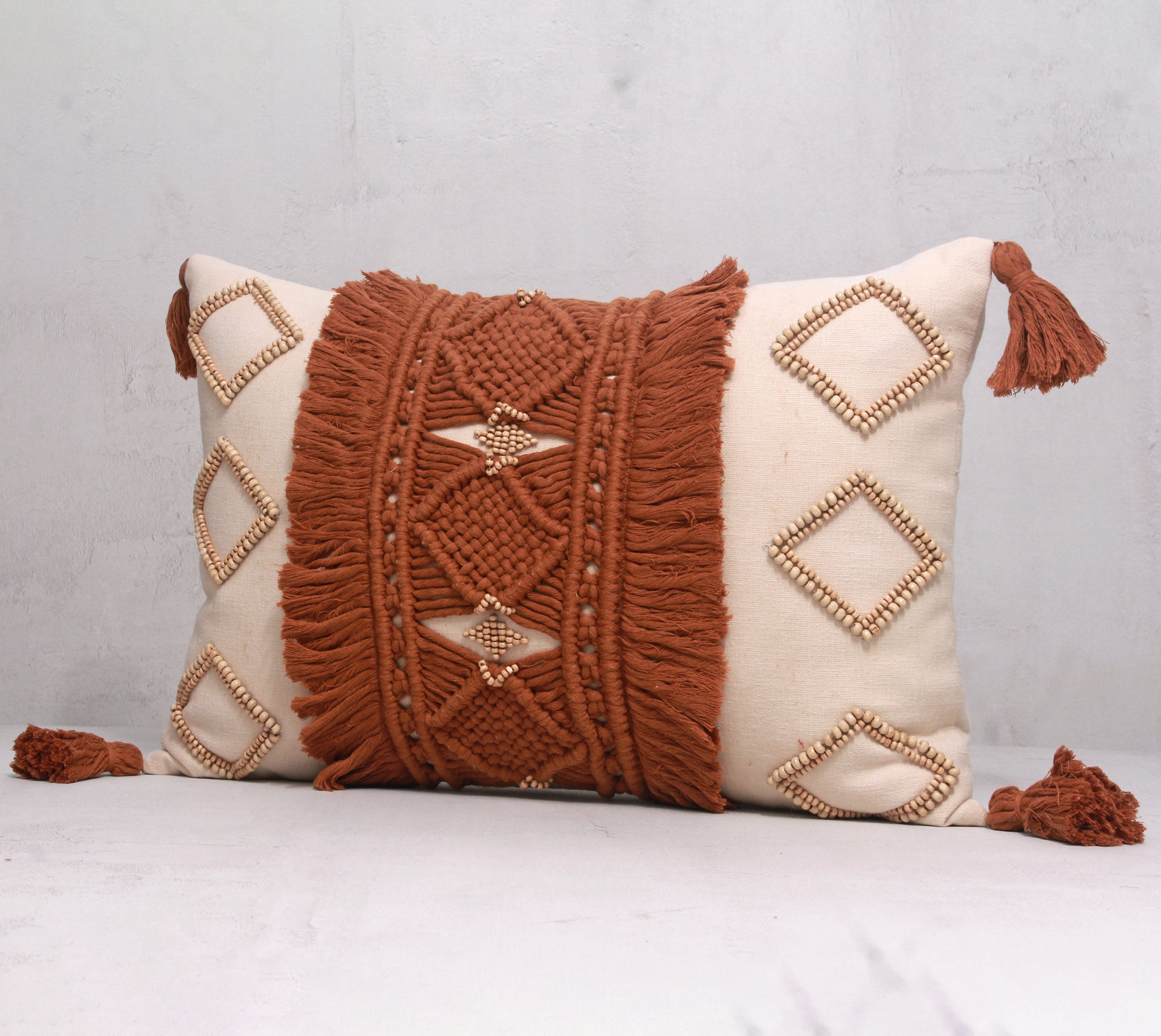 REVA Rust Off-white Macrame Cotton Cushion Cover