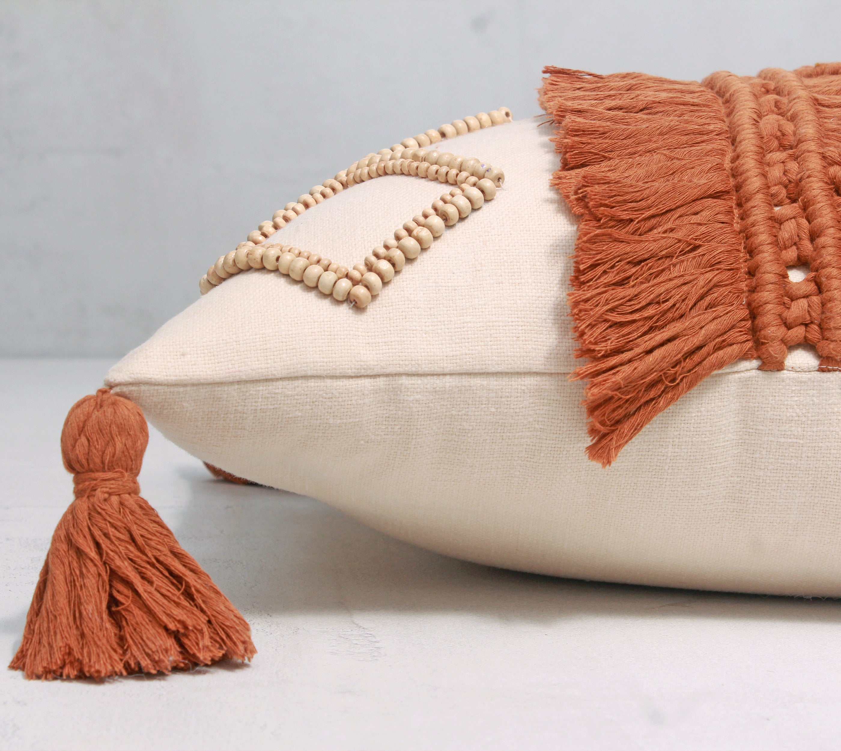 REVA Rust Off-white Macrame Cotton Cushion Cover