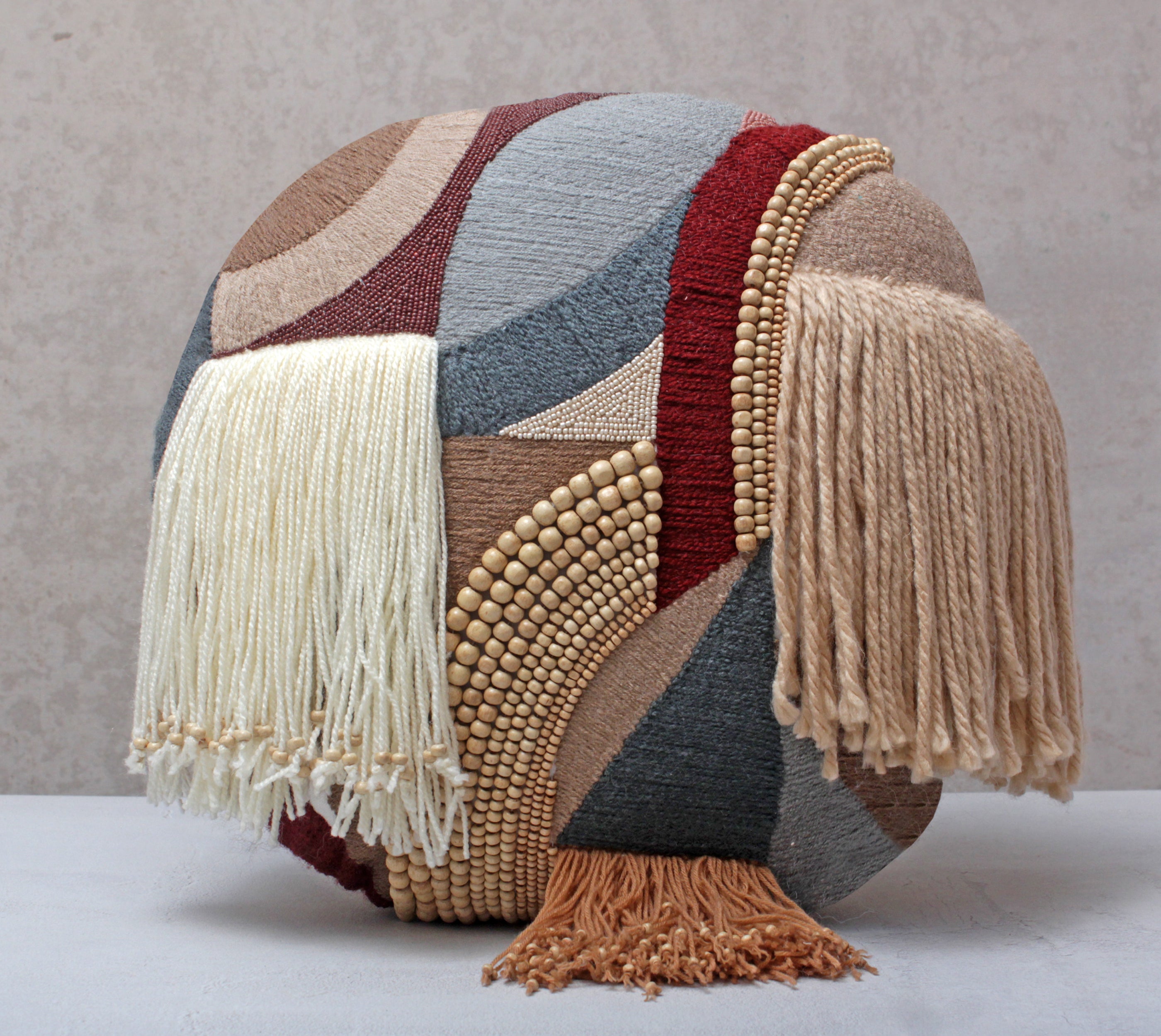 SHYLA Earthy Cotton Wool Fringes Round Cushion Cover