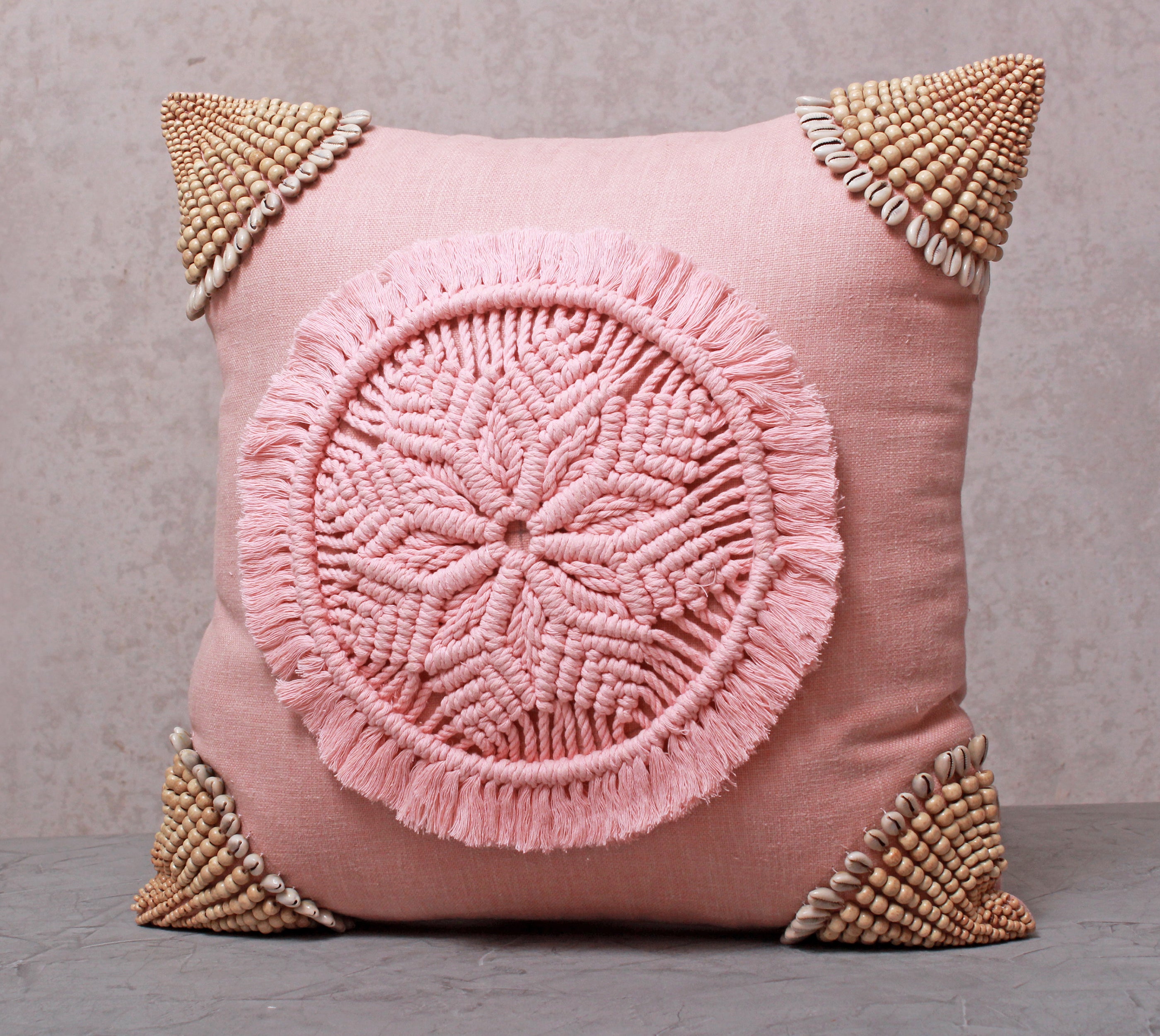 ORLA Pink Centre Macrame Cotton Cushion Cover