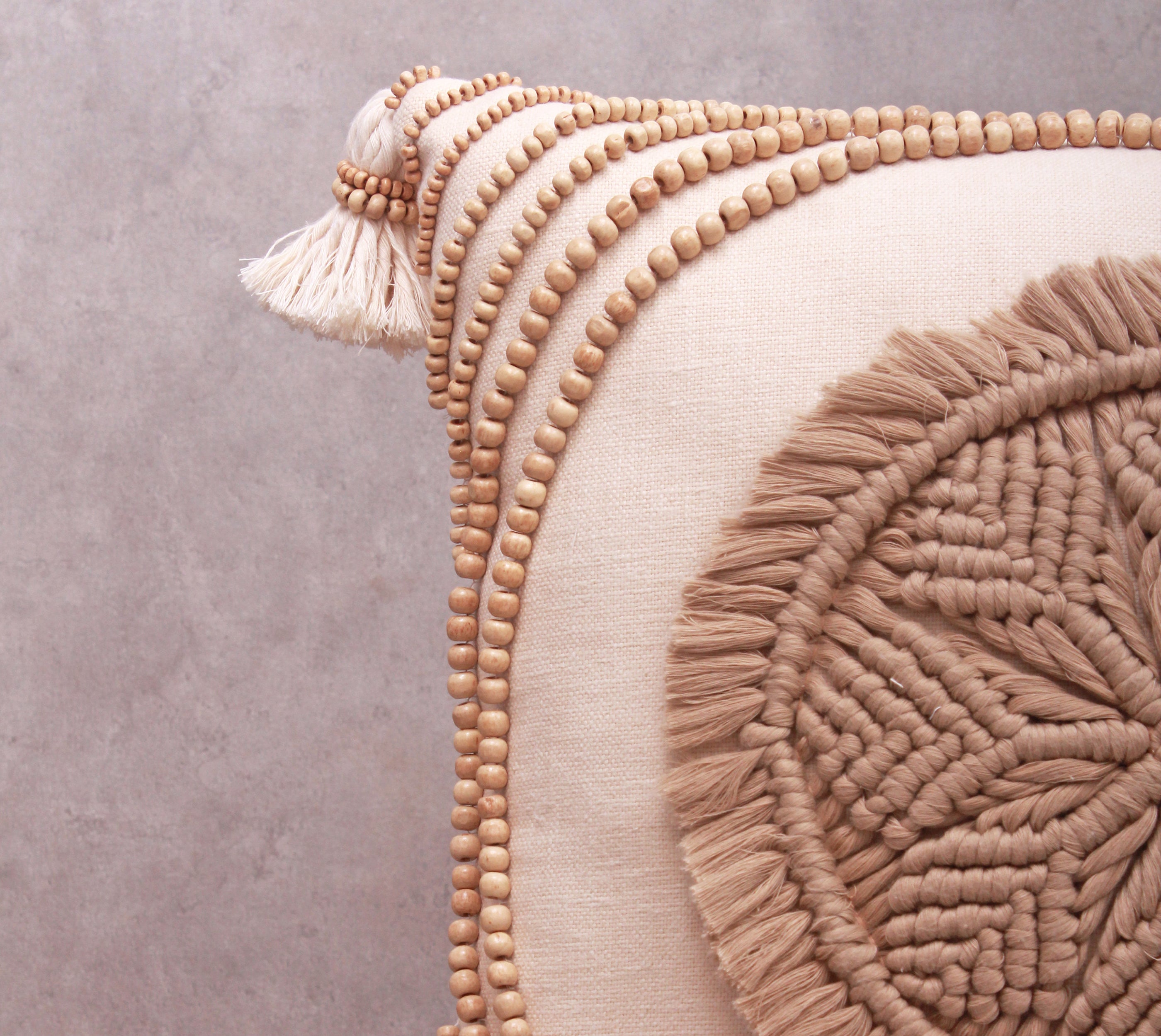 ORLA Off-white Gold Centre Macrame Cotton Cushion Cover