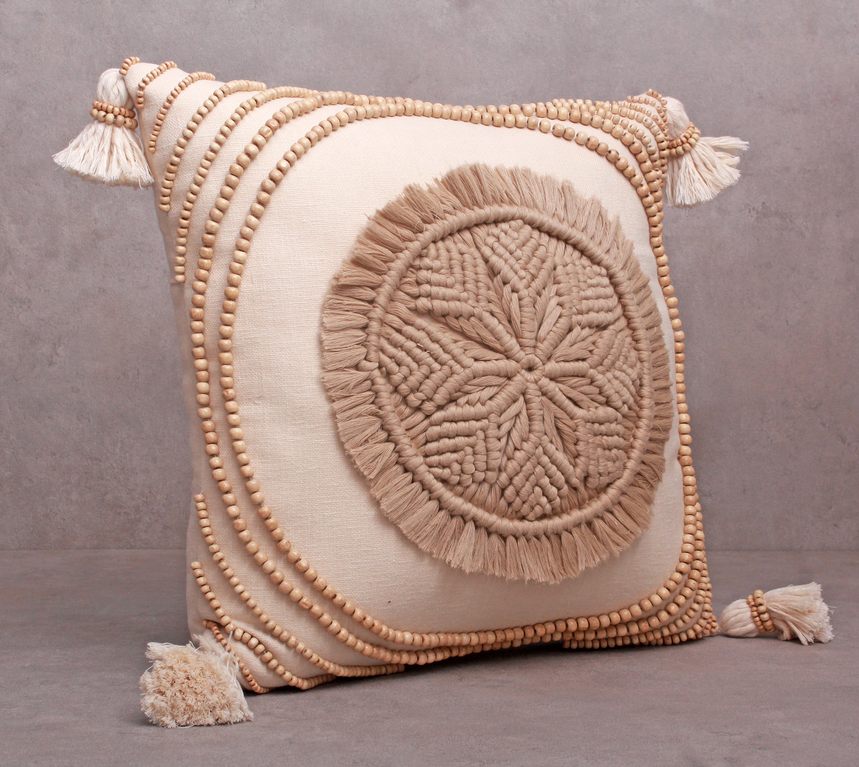 ORLA Off-white Gold Centre Macrame Cotton Cushion Cover