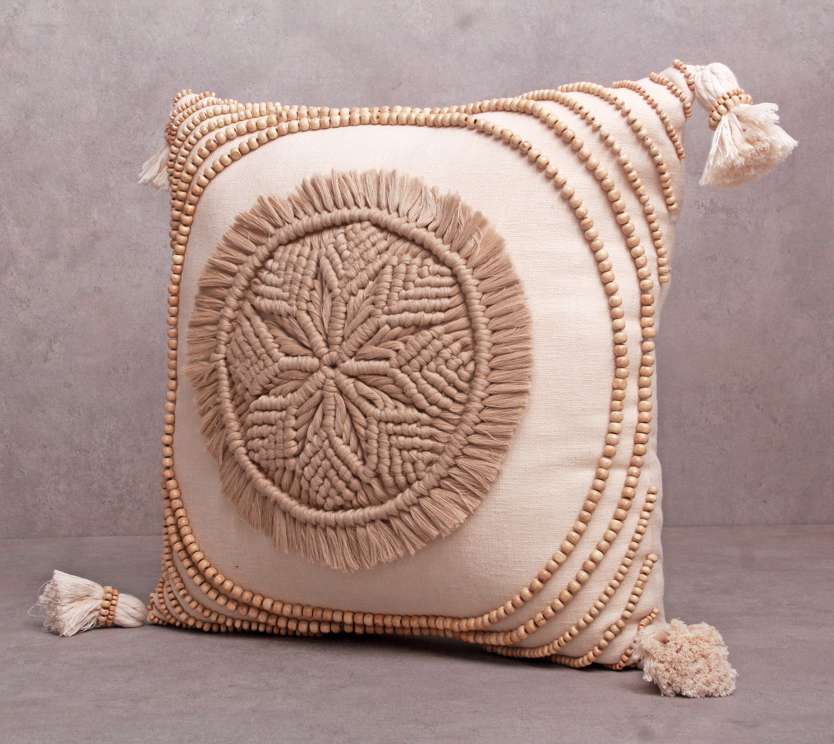 ORLA Off-white Gold Centre Macrame Cotton Cushion Cover